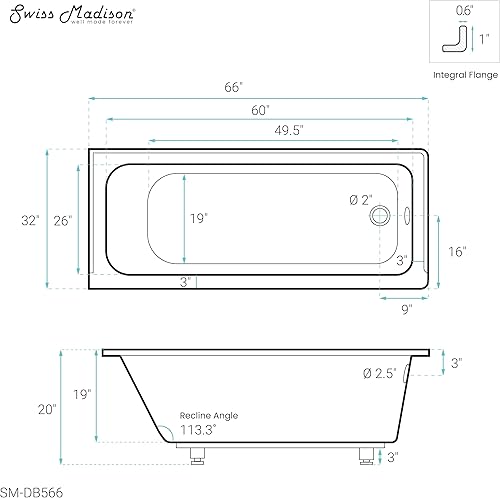 Vista 11 de Swiss Madison Voltaire 66" x 32" Right-Hand Drain Alcove Bathtub BLANCO BRILLO