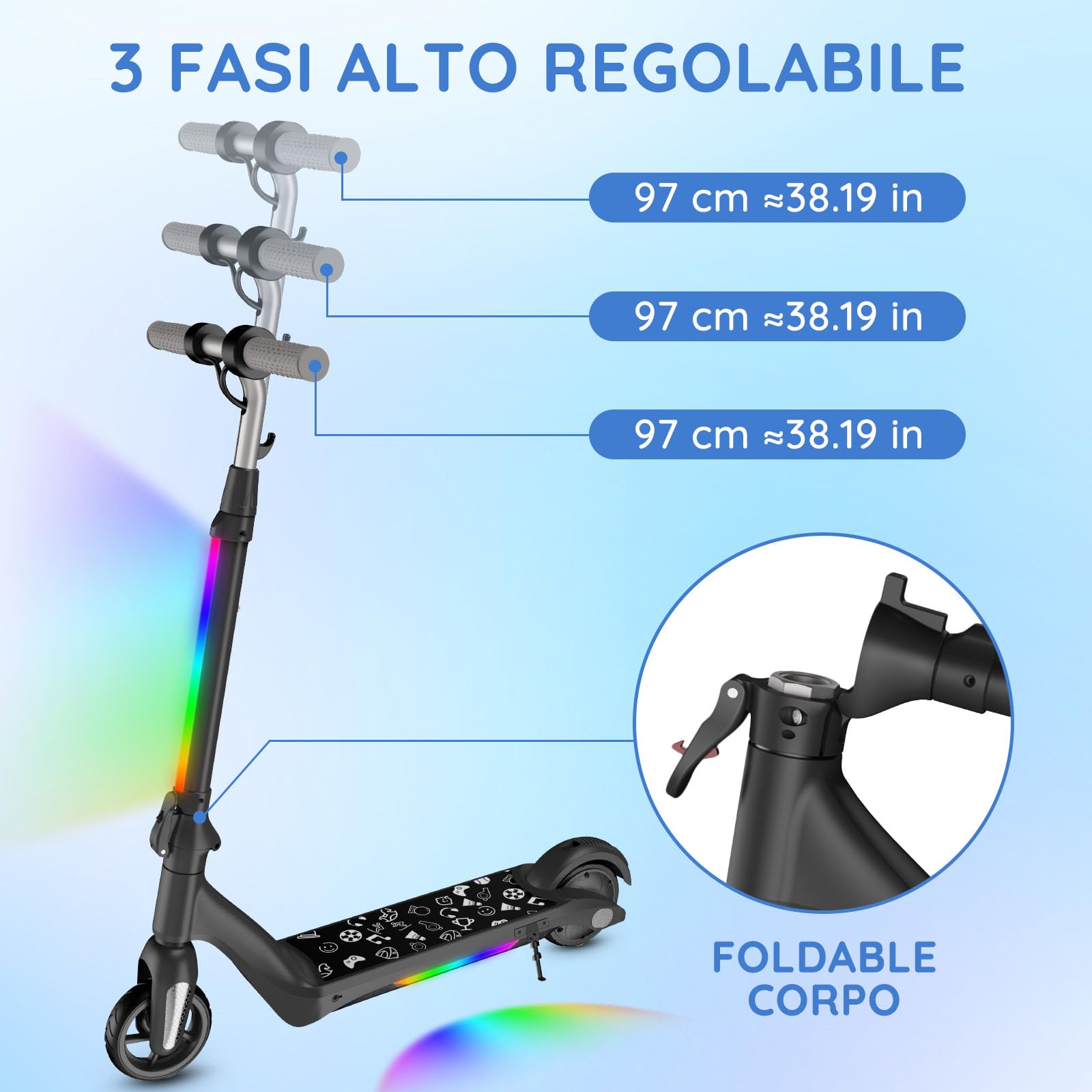 Monopattino elettrico per bambini 6-12 anni, motore 80W, autonomia 8 km, capacità 50 kg, pieghevole con display LED e luci arcobaleno, velocità regolabili, regalo per bambini