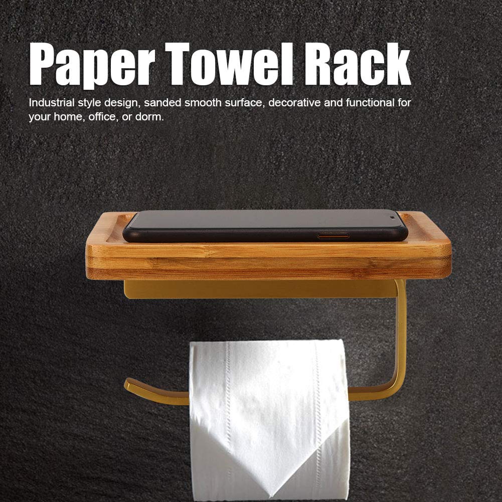 Paper Towel Holder with Shelf, Gold Paper Towel Holder Wall Mount with Shelf Industrial Paper Towel Holder for Bathroom with Wood Board Bathroom Accessories