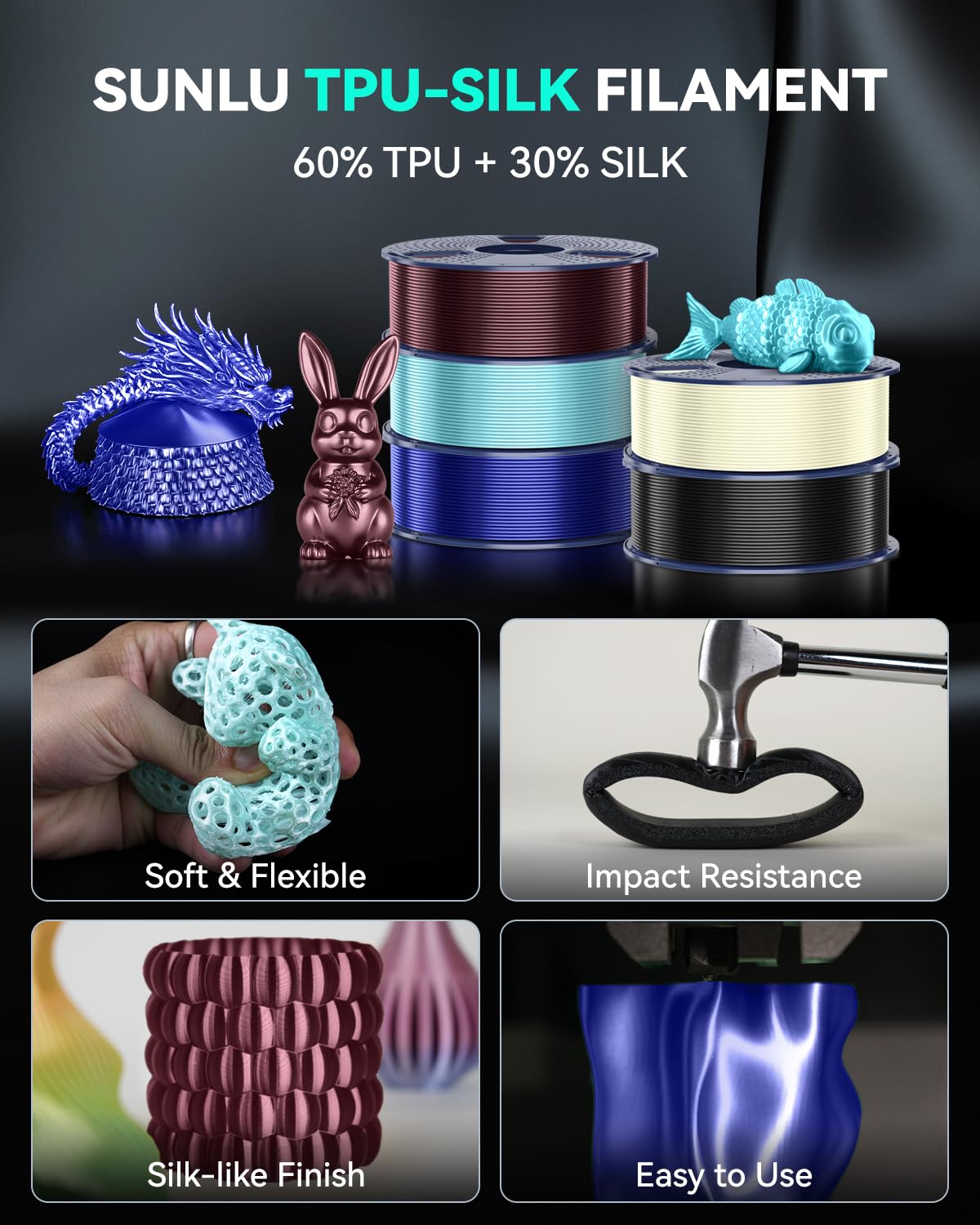 SUNLU Filament TPU-Silk Pour Imprimante 3D, Filament TPU 98A De 1,75 Mm, Surface En Soie Brillante, Précision Dimensionnelle +/- 0,03 Mm, 1 Kg