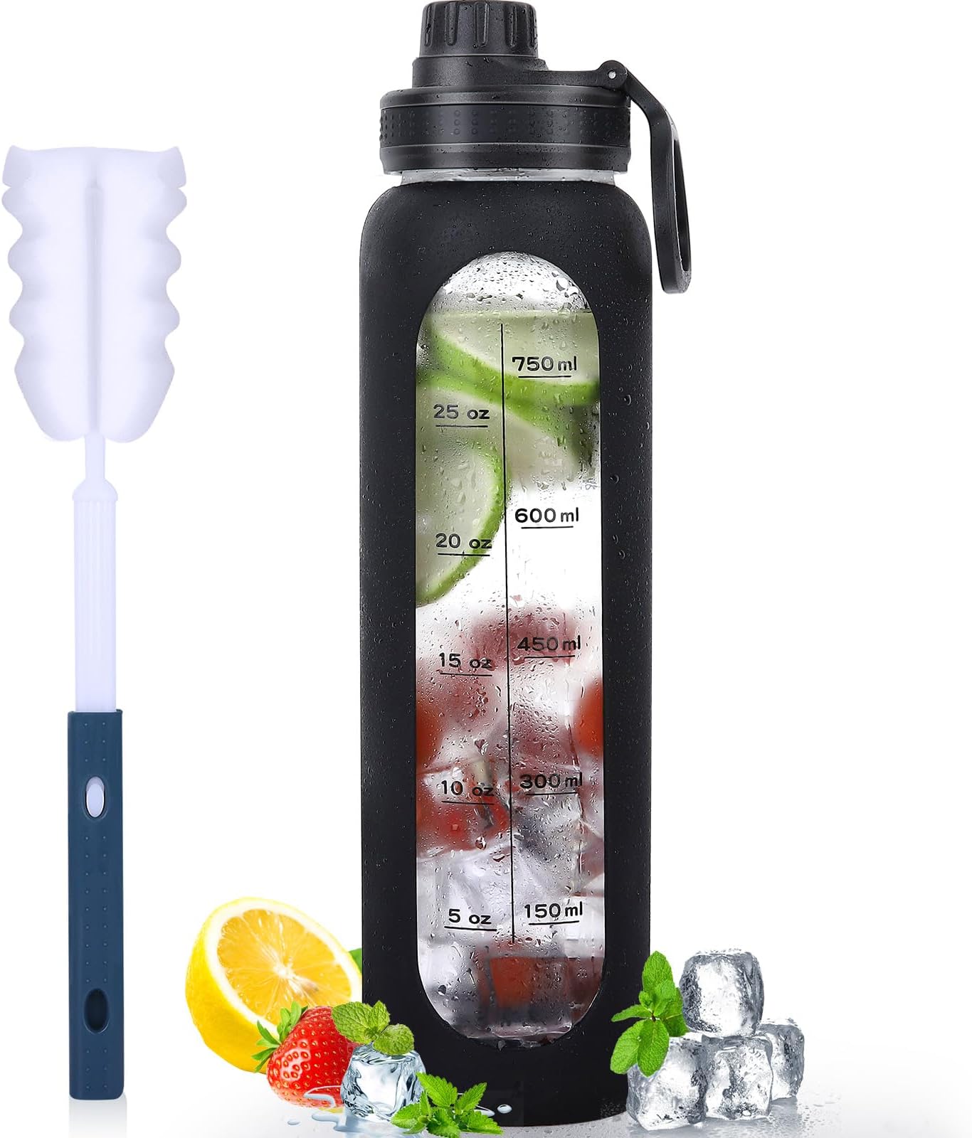 GIEMIT Glass Water Bottles 32oz with Silicone Sleeve Drinking Hydration Bottles Reusable Borosilicate Wide Mouth Motivational Water Flask Canteen with Time Marker Spout Lid and Brush