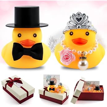Wedding Ducks, Wedding Gifts for Bride and Groom, Squeaky Duck Wedding | Bride and Groom Figurines with Gift Box and Card for