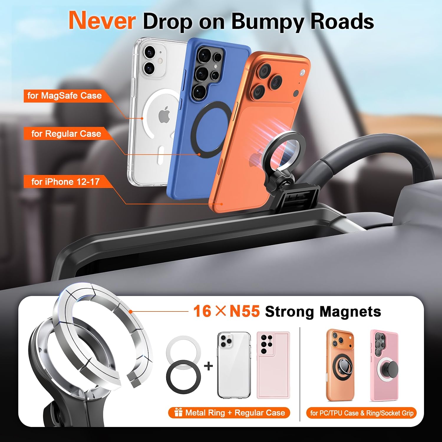 Magnetic Phone Mount Holder for Jeep Wrangler JL/4xe & Gladiator JT 2024 2025 2026, 12.3 Inch Clip-On, No Block Screen for Landscape, Sturdy for Off-Road, Cell Car Holder for MagSafe iPhone & Samsung
