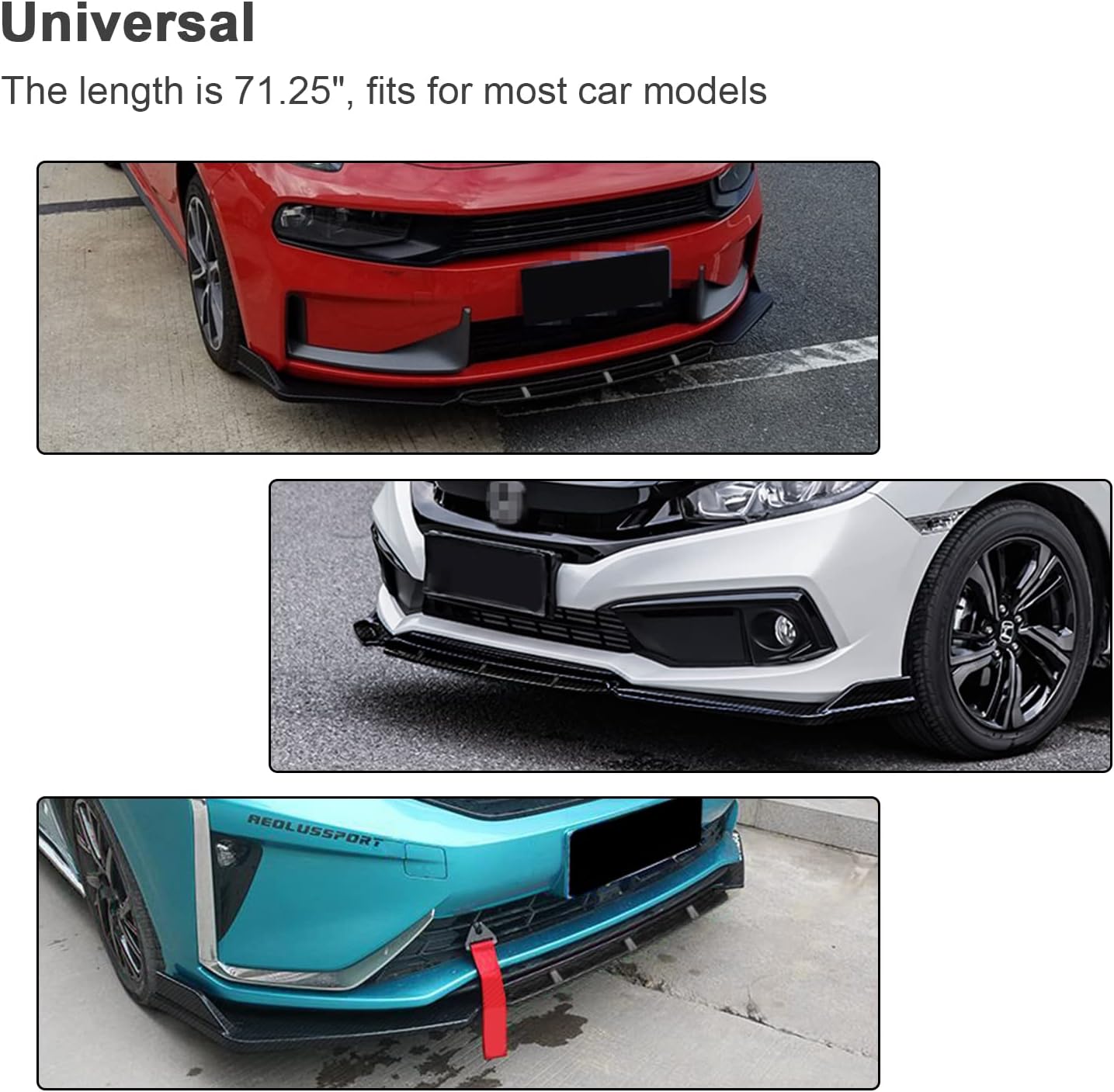 Universal Front Bumper Lip Lower Chin Spoiler Splitter Air Dam Automotive Protector, Universal Fit for Nissan Altima Ford Focus Fiesta Subaru and More,Glossy Black with Red Tongue