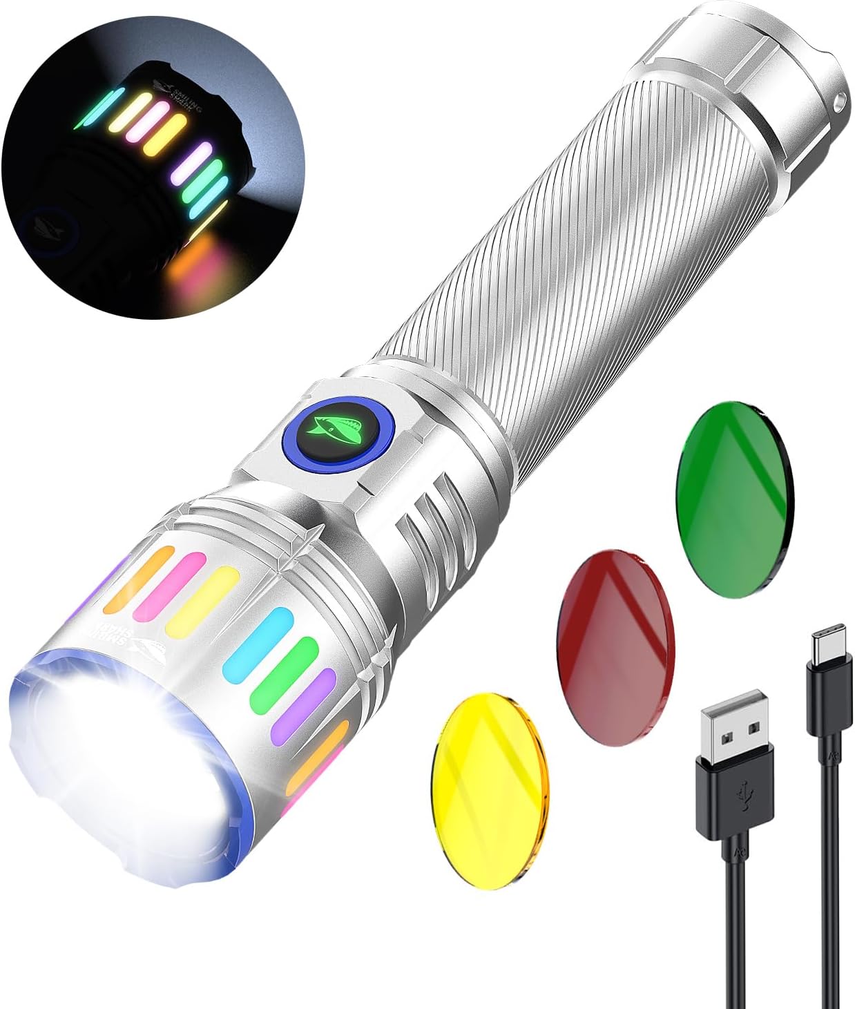 Smiling Shark Flashlight, M1 Bright Flashlights High Lumens Rechargeable LED with 4 Modes & Zoomable【3 Color Lenses】 Small Powerful Handheld Battery Flash Light for Home/Emergencies/Camping, Silver