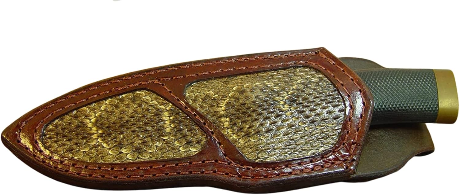 Left Hand Buck Vanguard knife sheath made out of 10 ounce water buffalo hide leather with a rattlesnake inlay.