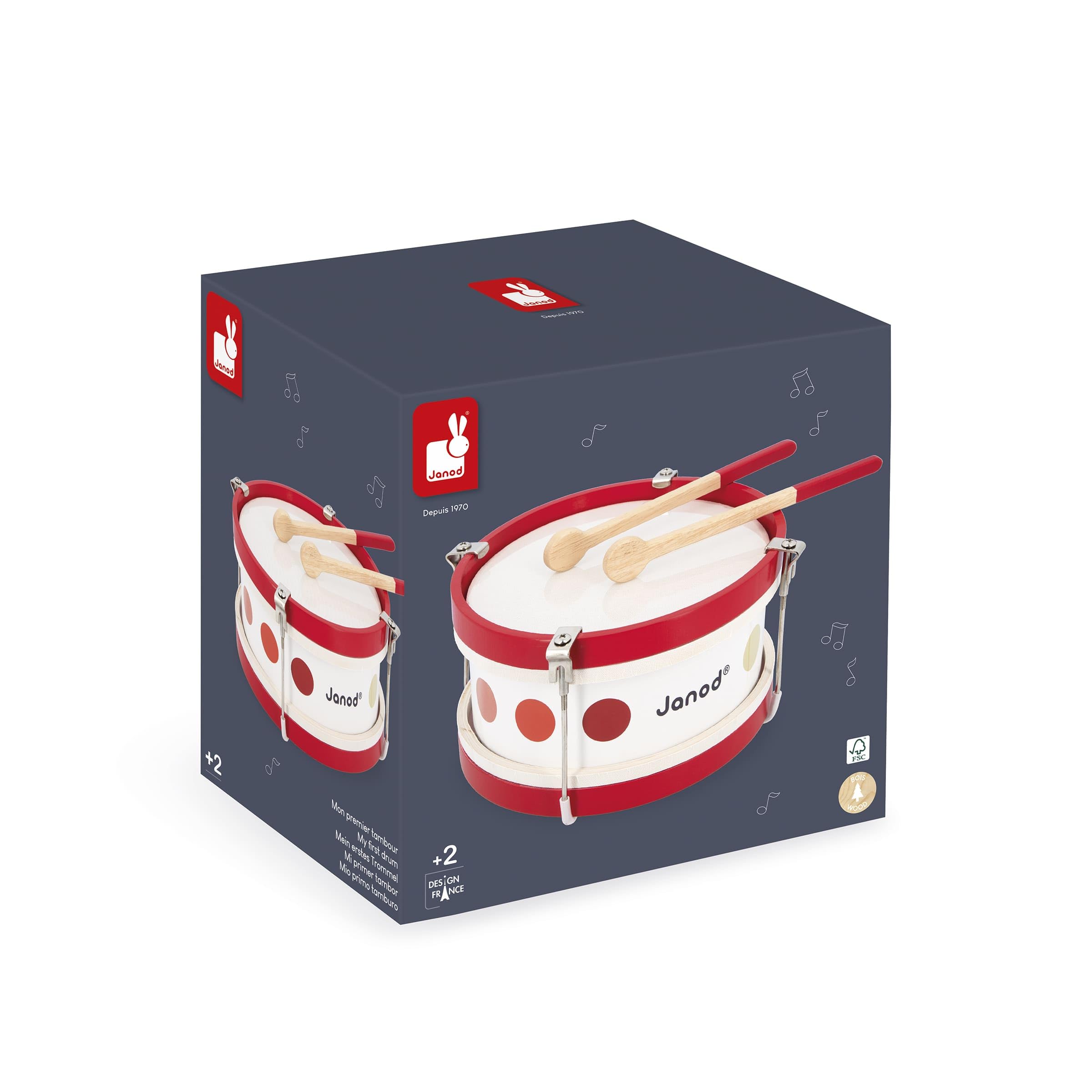 Janod - Il Mio Primo Tamburo Coriandoli (Legno), Strumento Musicale per Bambini, Giocattolo Di Imitazione e Risveglio Musicale - Da 2 Anni in su, J07608