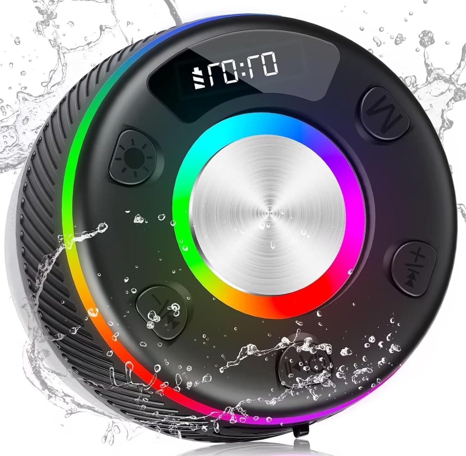 Bluetooth Shower Speaker, Portable Speakers Bluetooth 5.3 with HD Sound, IPX7 Waterproof, Colorful RGB Light/LED Display/FM Radio/Hands-Free Call/Suction Cup, Perfect for Bathroom Sing-Along, Black