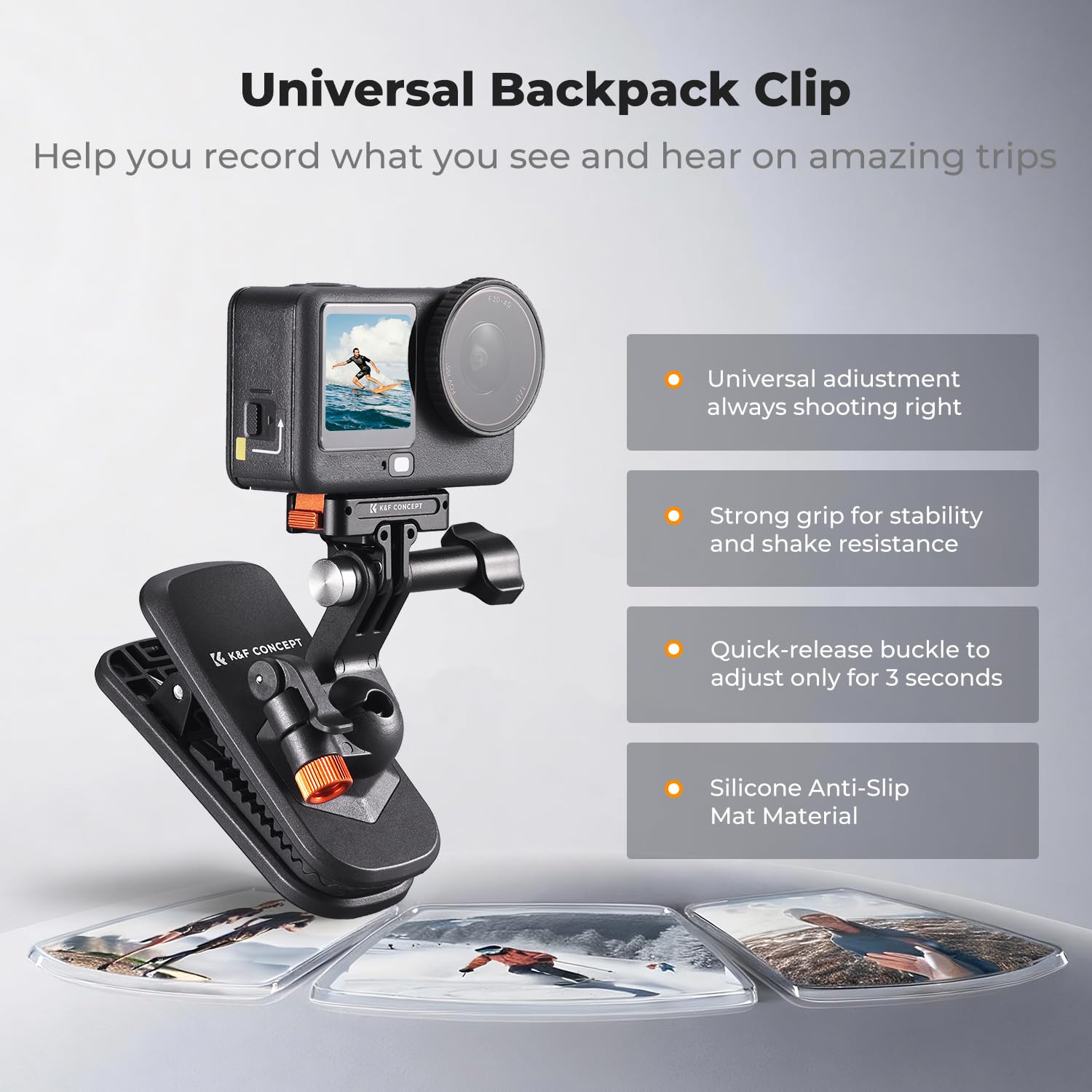 K&F CONCEPT Support Pince Magnétique pour Sac à Dos, Rotule à 360°, Compatible avec DJI Osmo Action 6/3/4/5 Pro, GoPro Hero 13-9 Noir, Insta360 X5/X4/X3 - Support pour Caméra d'action