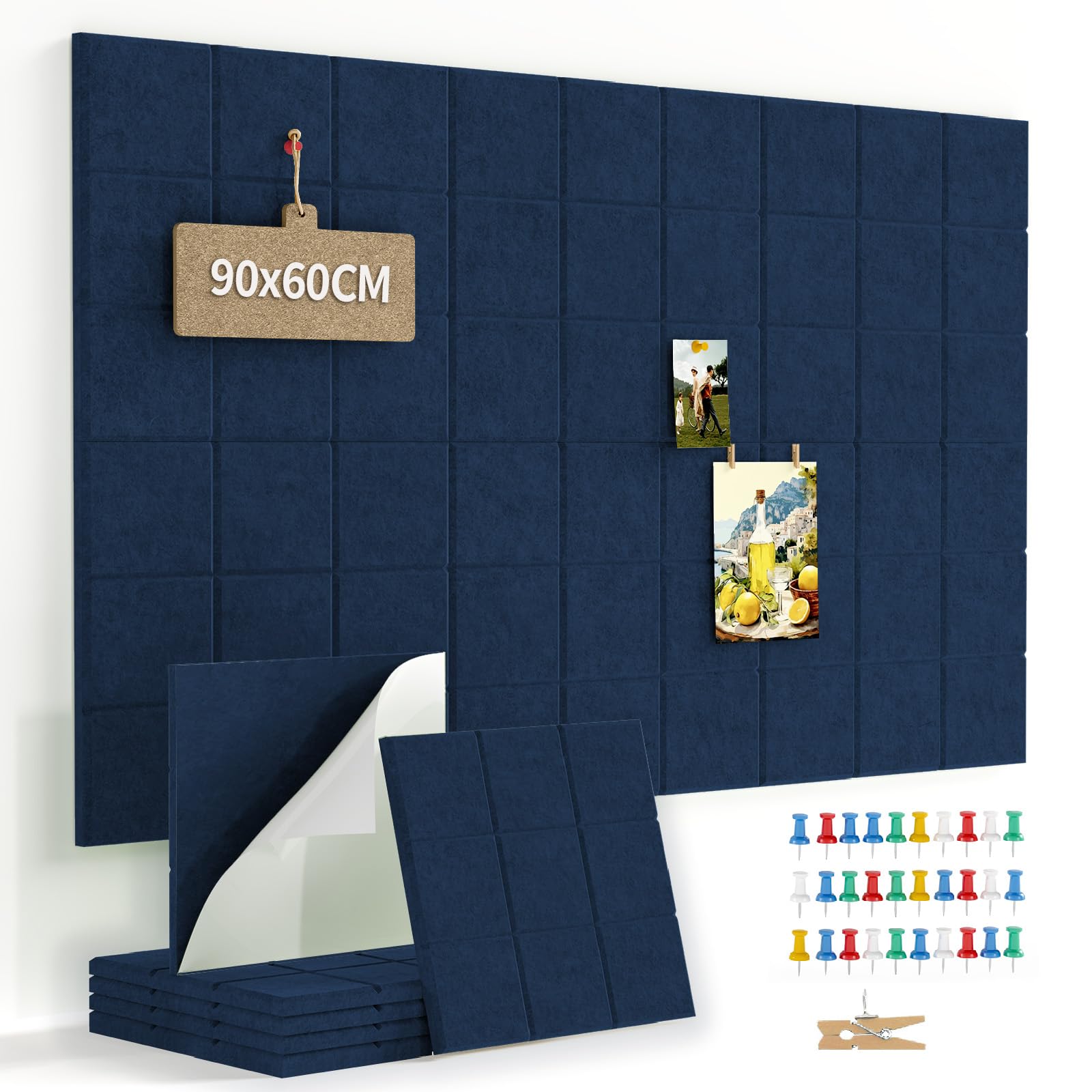 Uoisaiko 90 x 60cm Large Felt Pin Board for Walls, 6 Pack DIY Bulletin Board Tiles, 0.9cm Thick Cork Board Alternative with 30 Push Pins, Acoustic Vision Board for Office, School & Home Decor, Blue — image 1