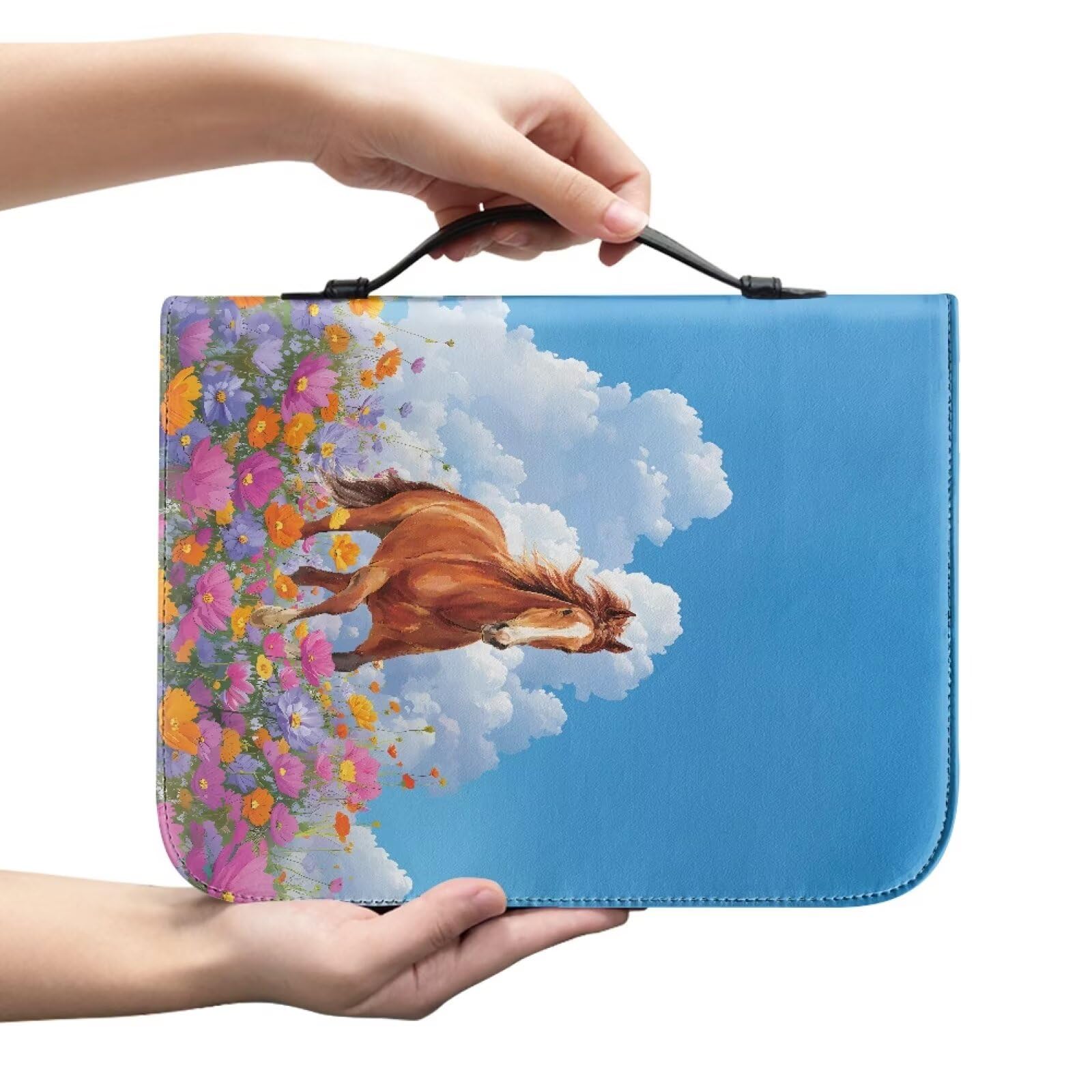 Kuiaobaty Horse Flower Painting Bible Cover Case Book Bag with Handle, Brown Horse Print Leather Church Bags Bible Accessories, Vegan PU Leather,XL — image 1