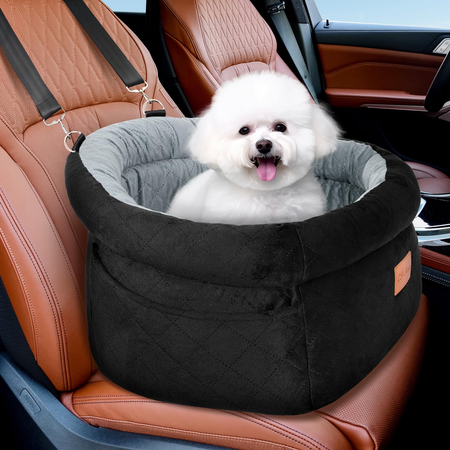 OShuKang Cozy Dog Car Seat for Small Dogs Up to 30lbs, Elevated Memory Foam Booster Seat, Pet Travel Bed with Washable Removable Cover & Storage