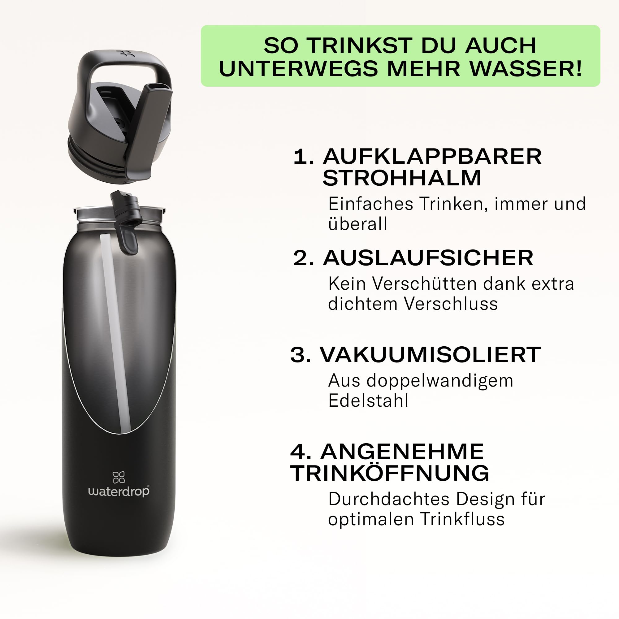 waterdrop® All Purpose Thermosflasche 1L – Trinkflasche mit Strohhalm – isolierte Edelstahl, 24h kalt - 6h heiß – auslaufsicher & bruchsicher – Thermobecher