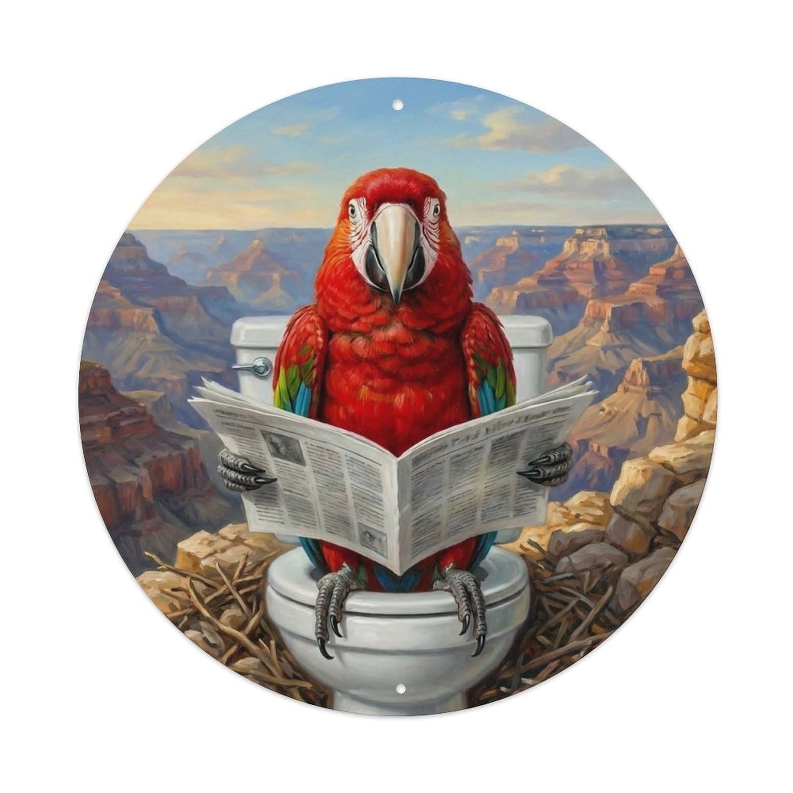Macaw On Toilet Humorous Bathroom Cliff Nest Reads Metal Tin Sign