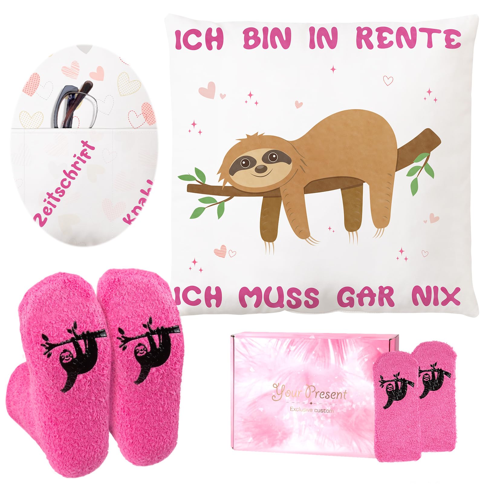 Hyunlai Retirement Gift Woman Retirement Pillow & Retirement Socks Set, Double-Sided Decorative Cushion Covers with 3 Pockets & Woman Cuddly Socks Farewell Gift Colleague Funny Pension Gift Woman