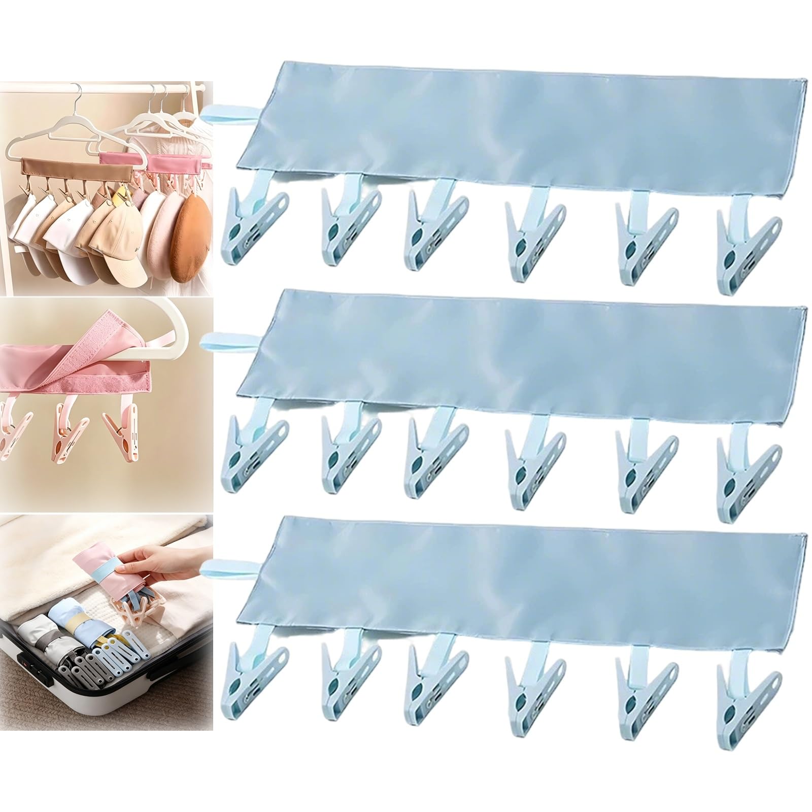 Yfjyxen Travel Foldable Clothes Hangers with 6 Clips, Portable Laundry Hanging Clip, Compact Drying Rack Multipurpose Organizer Hanger Hook Set for Dorm Household Socks Underwear Hat Scarf(3pcs-blue)