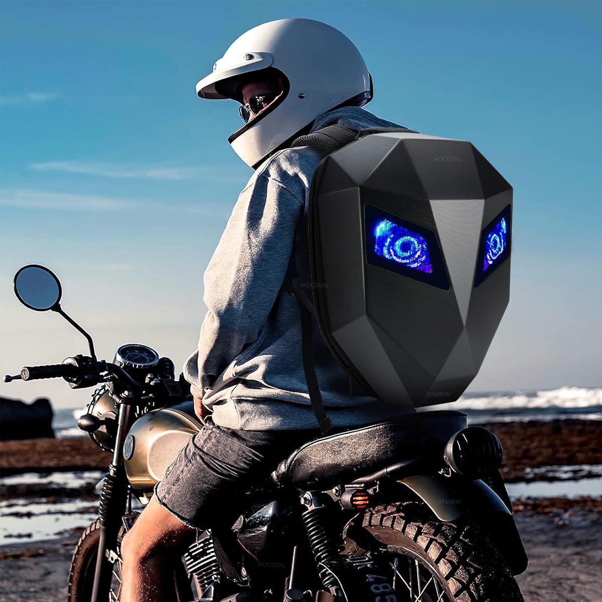 MOXOERL Mochila Ojos Led Moto, Mochila de Motocicleta LED para Hombre, Impermeable para Casco de Moto 3D, Texto/Imagen/GIF Animado, Negro