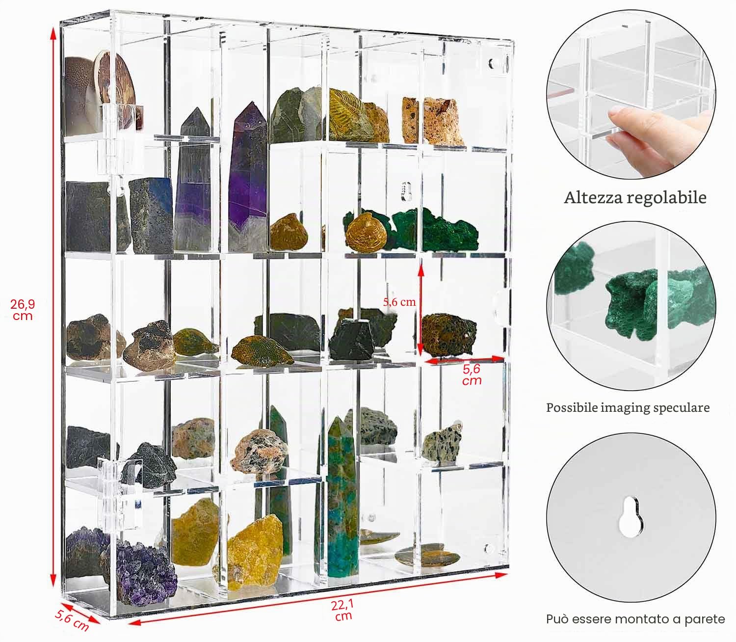 Vetrina in acrilico regolabile, trasparente, con ripiani, organizer per mini figure pop, oggetti da collezione, cristallo minerale, pietre, montabile a parete, con specchio e coperchio.