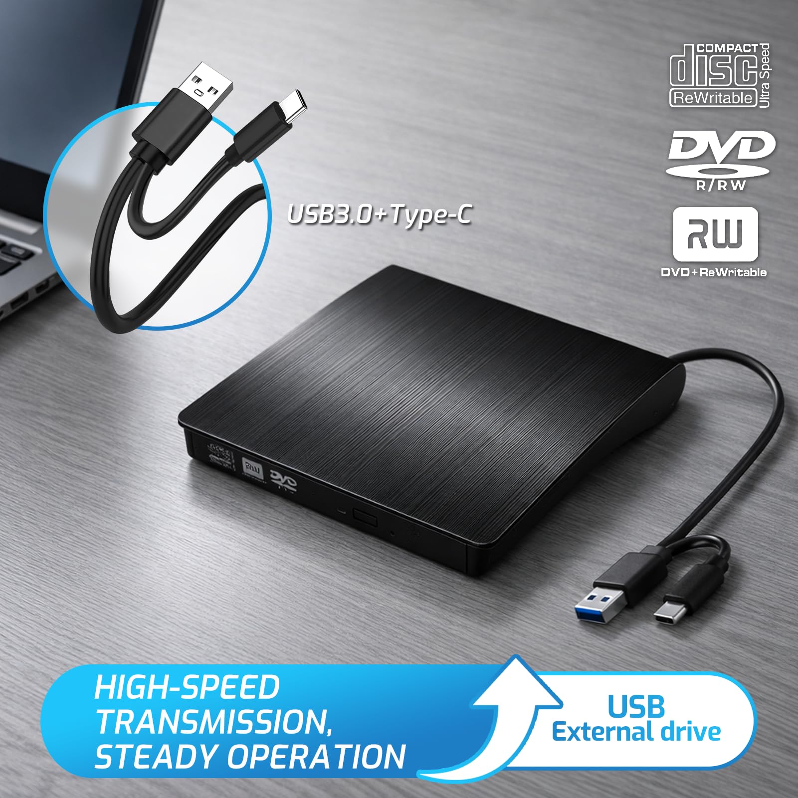 External CD DVD Drive for Laptop, Slim Portable Player CD DVD RW Writer Reader Burner, USB 3.0 and Type-C Optical, Compatible with Laptop Desktop PC Windows XP/7/8/10/11 Mac - 2