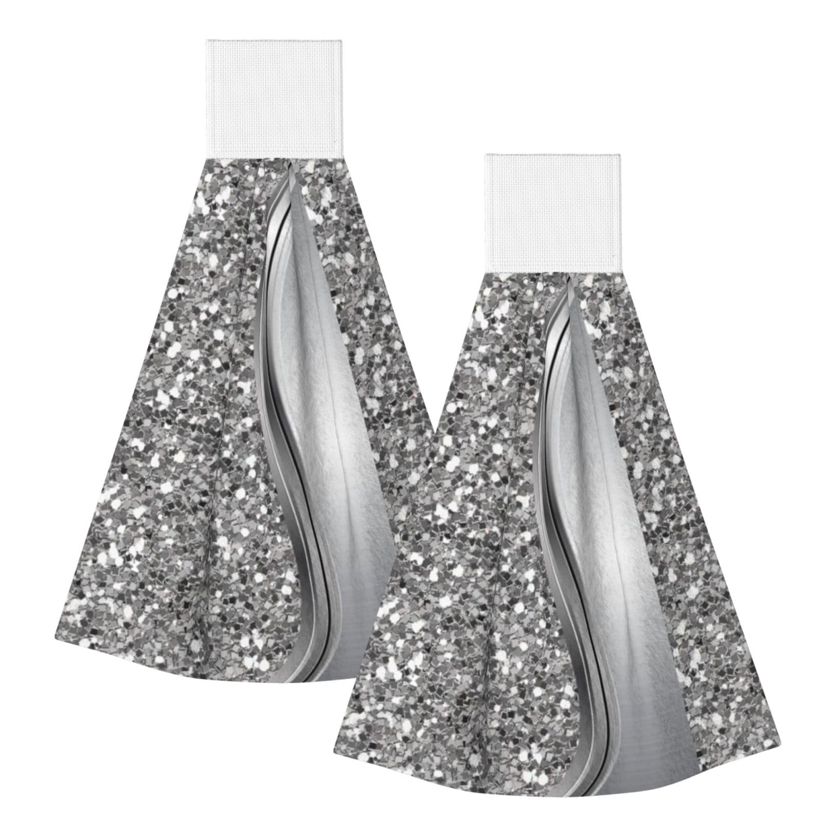 DOPKLNA Silver Faux Glitter Glam, 2 Pcs Hanging Coral Fiber Hand Towels for Bathroom, Absorbent Kitchen Towels
