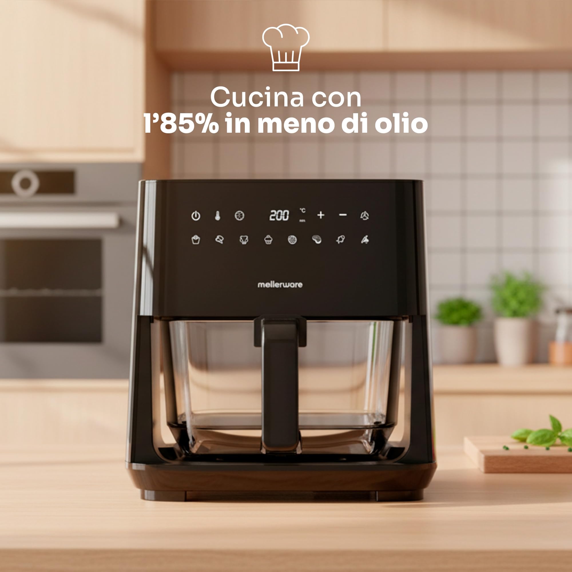 MELLERWARE - Friggitrice ad aria 1450 W | Cestello vetro 4,5 L | 9 programmi + preriscaldamento | Schermo tattile | Temp 80-200 °C | Timer 60 min | Lavabile in lavastoviglie