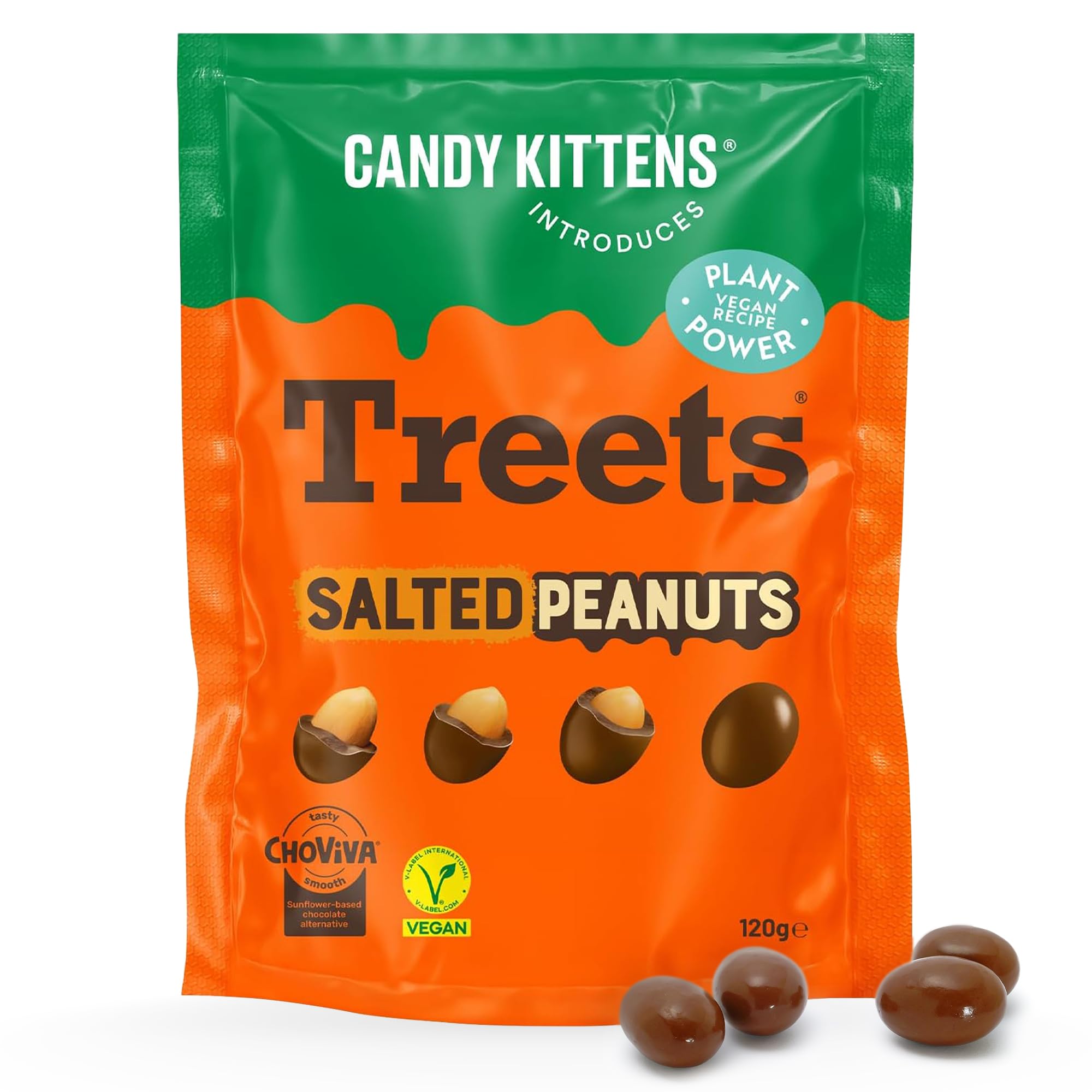 Candy Kittens Introduces - Treets, Salted Peanuts - Plant-Based Vegan Chocolate Crunchy Snack, Ideal for Sweet Hampers or Pick & Mix, Vegan Sweets Made with Cocoa-Free Choviva Shell - 120g, Pack of 1