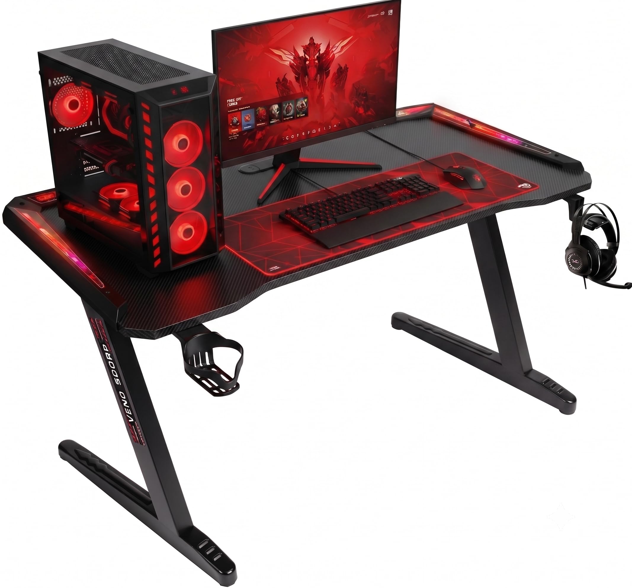 Veno Scorp Gaming Desk with RGB LED Lights, USB Ports, Cup Holder & Headset Hook, 120 x 60 cm Z-Shaped Computer Gaming Table, Carbon Fibre Surface, Home Office Workstation, Black