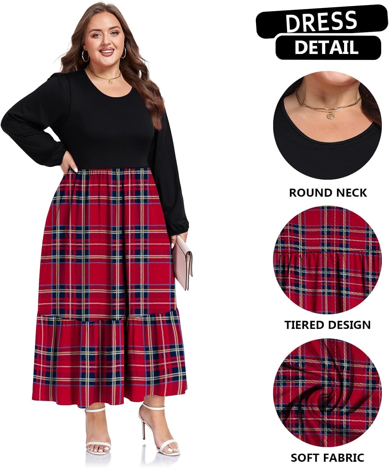 Moon Wood Women's Plus Size Maxi Dress Empire Waist Crew Neck Long Sleeve Dress with Pockets, Long Casual Dreses Daily Wear - Image 4