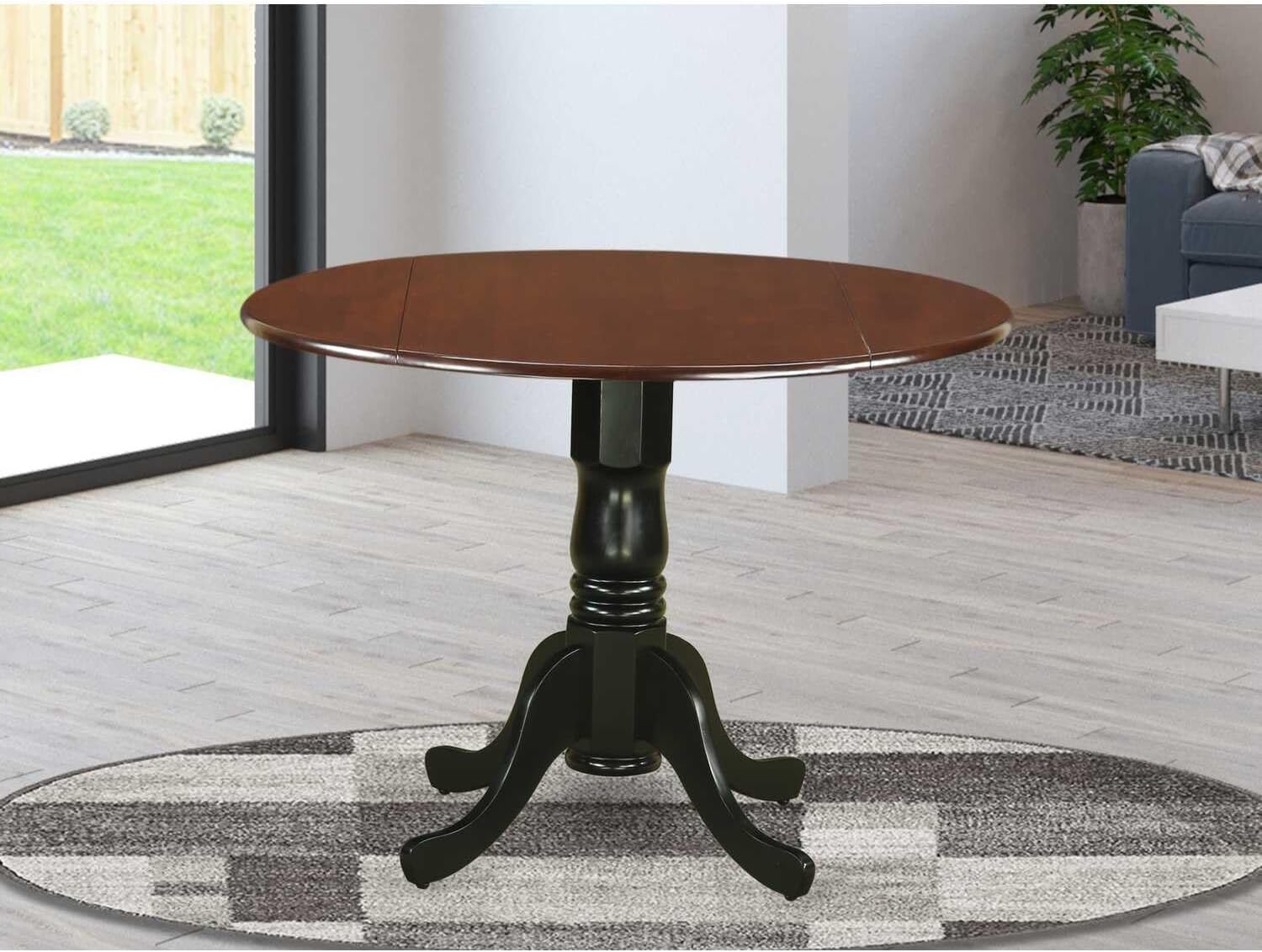 HomeStock Round Wood Dining Table - Sturdy Kitchen Table for Small Spaces Mahogany and Black/42-Inch with Dropleaf