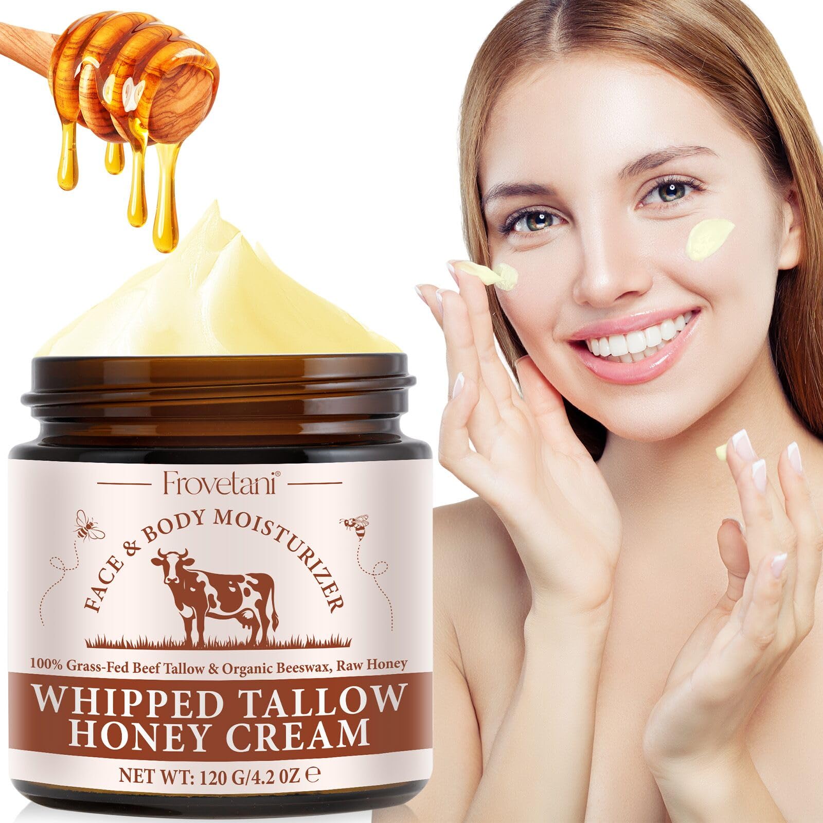 Beef Tallow Skin Care, Natural Beef Tallow Moisturizer, Beef Tallow and Honey Balm for Face, Hydrating Tallow Balm with Raw Honey, Grass-Fed Whipped Beef Tallow for Skin (120g)[Amazon-developed Certification] Compact by Design