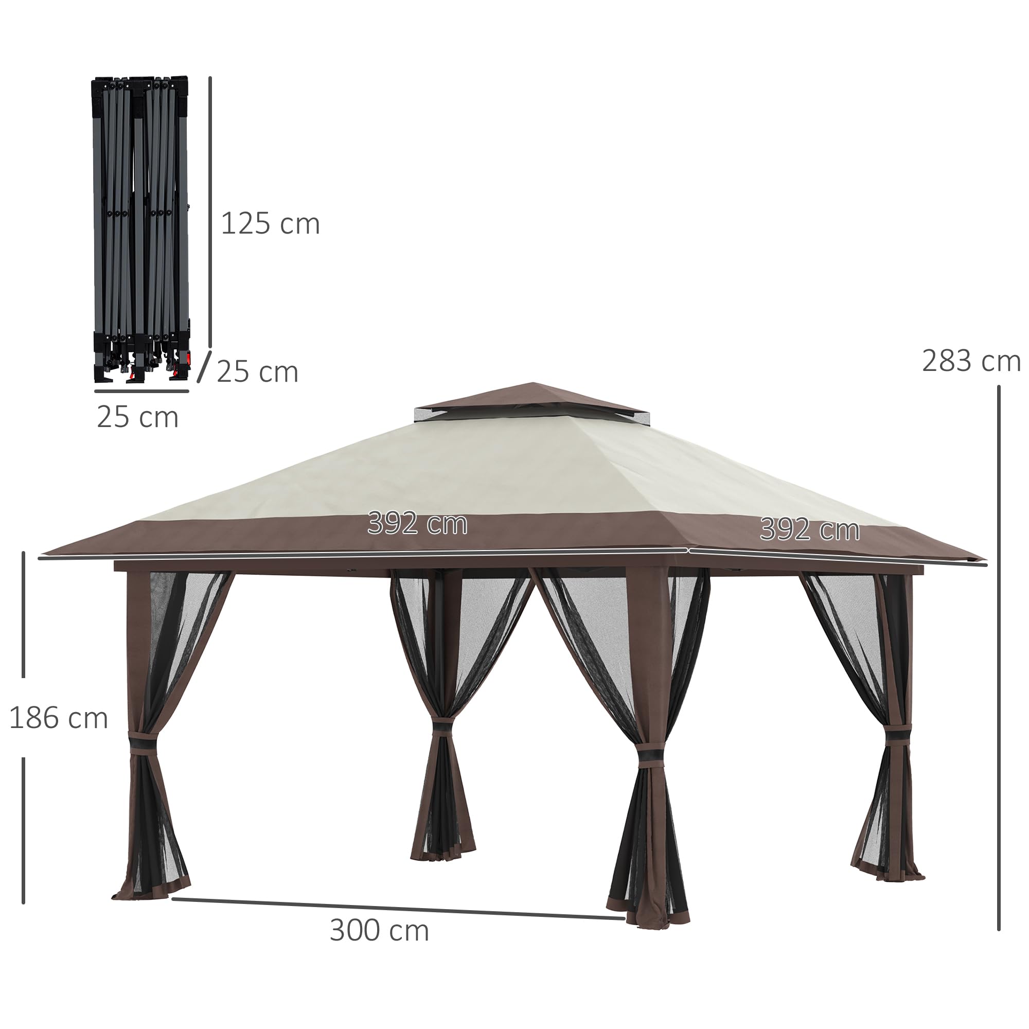 Outsunny Carpa Plegable Pop-up 4x4x2,8 m Cenador de Jardín con Paredes Altura Ajustable Anti-UV Impermeable Doble Techo Mosquiteras y Bolsa de Ruedas Gazebo para Exterior Fiestas Camping Beige