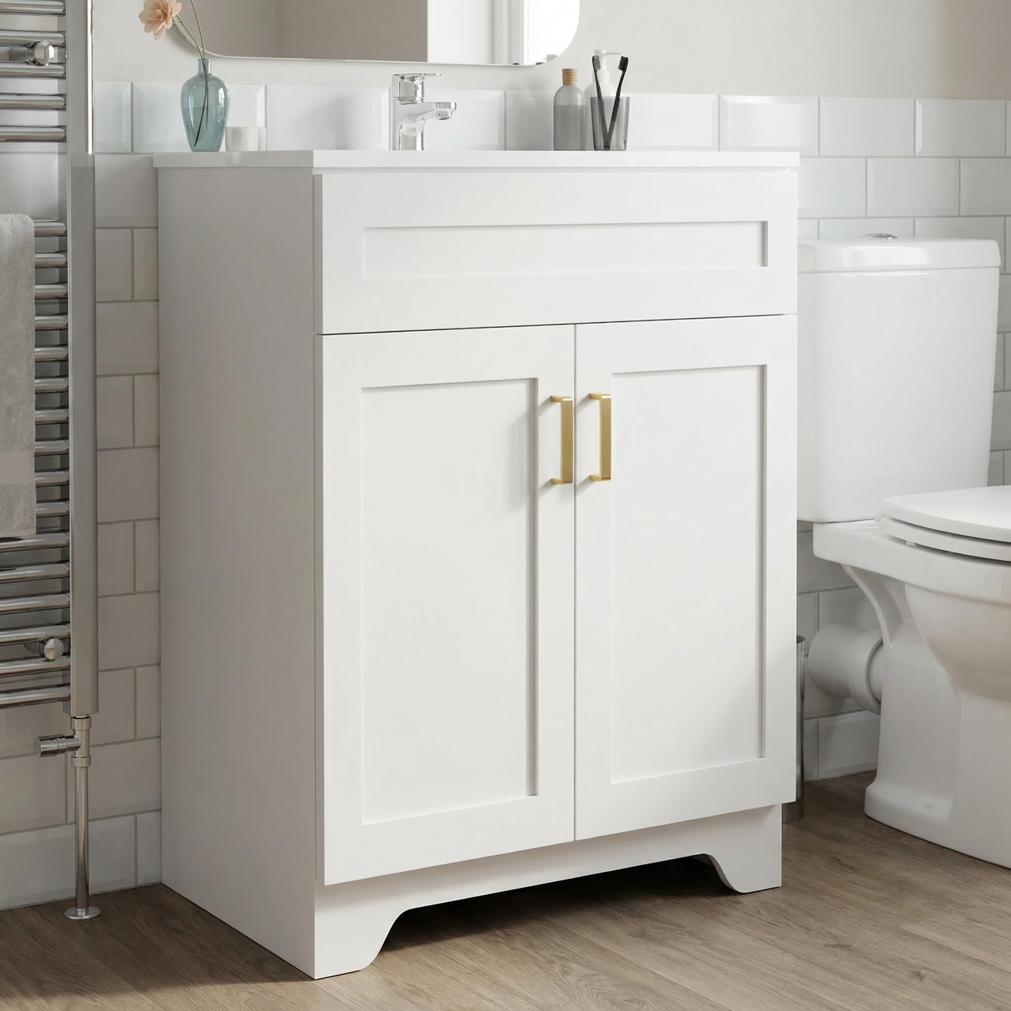 LDarqeer 600mm Bathroom Vanity Unit with Basin, Ceramic Basin, Freestanding Bathroom Sink Cabinet, Modern Shaker Design, Soft-Close Door, Single Tap Hole, White with Gold Handles