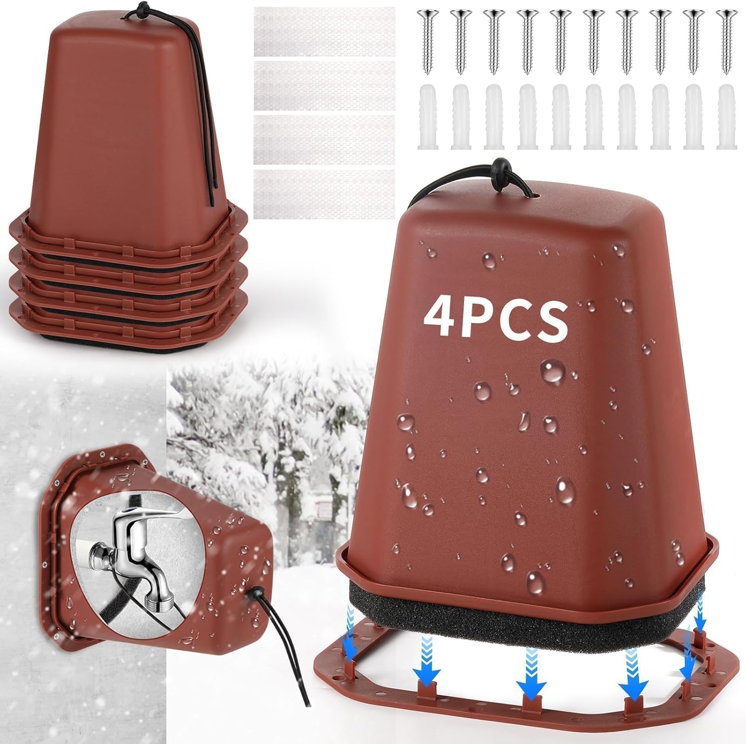 4 Pcs 2 in 1 Extra Long Pet Proof Outdoor Faucet Covers Winter w/Lock 8.5x7x5.5 in Thick Foam Plastic Spigot Cover Reflective Strips Faucet Cover for Outside Water Faucet Freeze Protection (Red) 4 Red