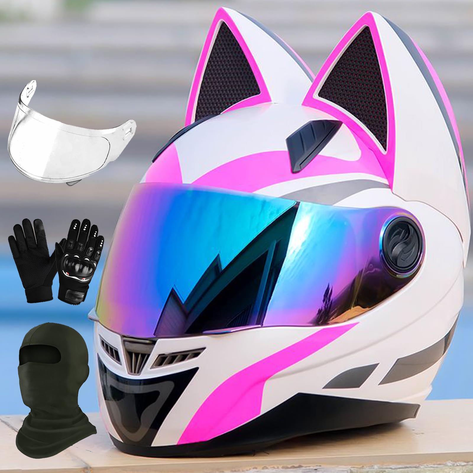 Casque Moto Intégral Femme Avec Oreilles De Chat - Homologué ECE, Visière, Taille M (57-58cm) - 3