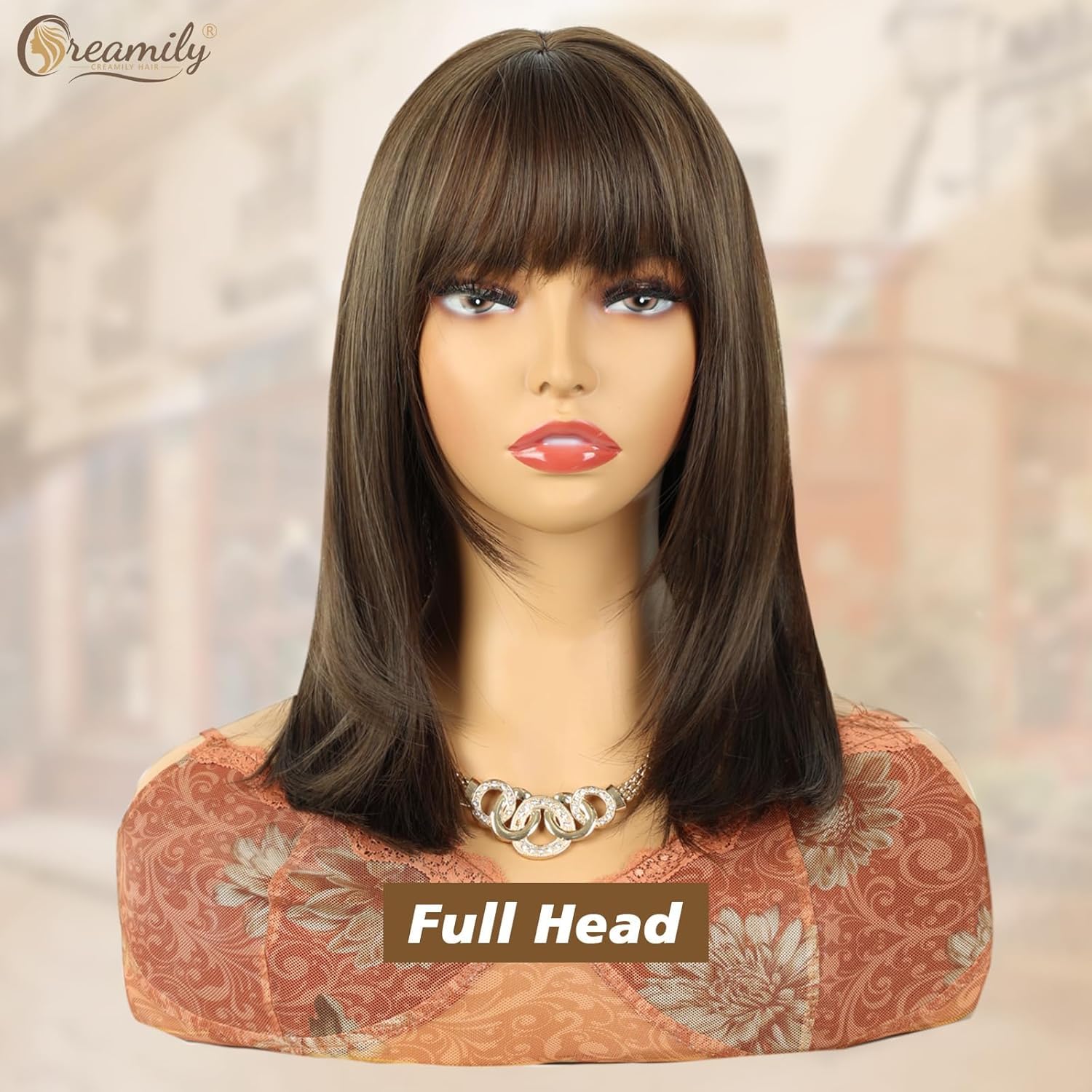Creamily Brown Bob Wigs with Bangs for Women Short Shoulder Length Brown Wig with Fringe Natural Straight Syntheitc Hair Heat Resistant Wig Cosplay Party Daily Use 16 Inches - Image 2