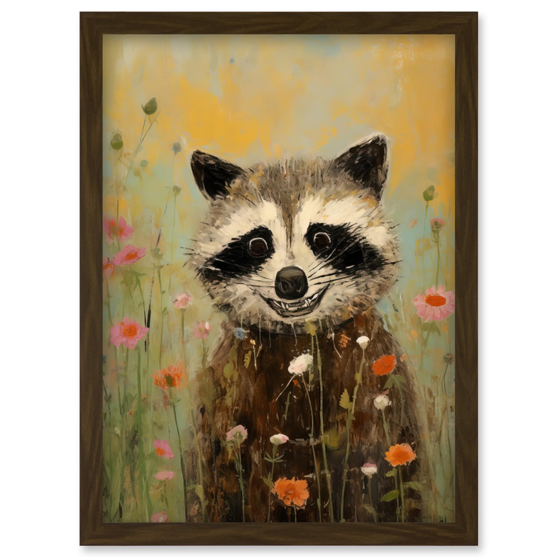 Artery8 Gleeful Raccoon Picking Flowers Oil Painting Red White Blooms Spring Meadow Landscape Kids Bedroom Artwork Framed Wall Art Print A4