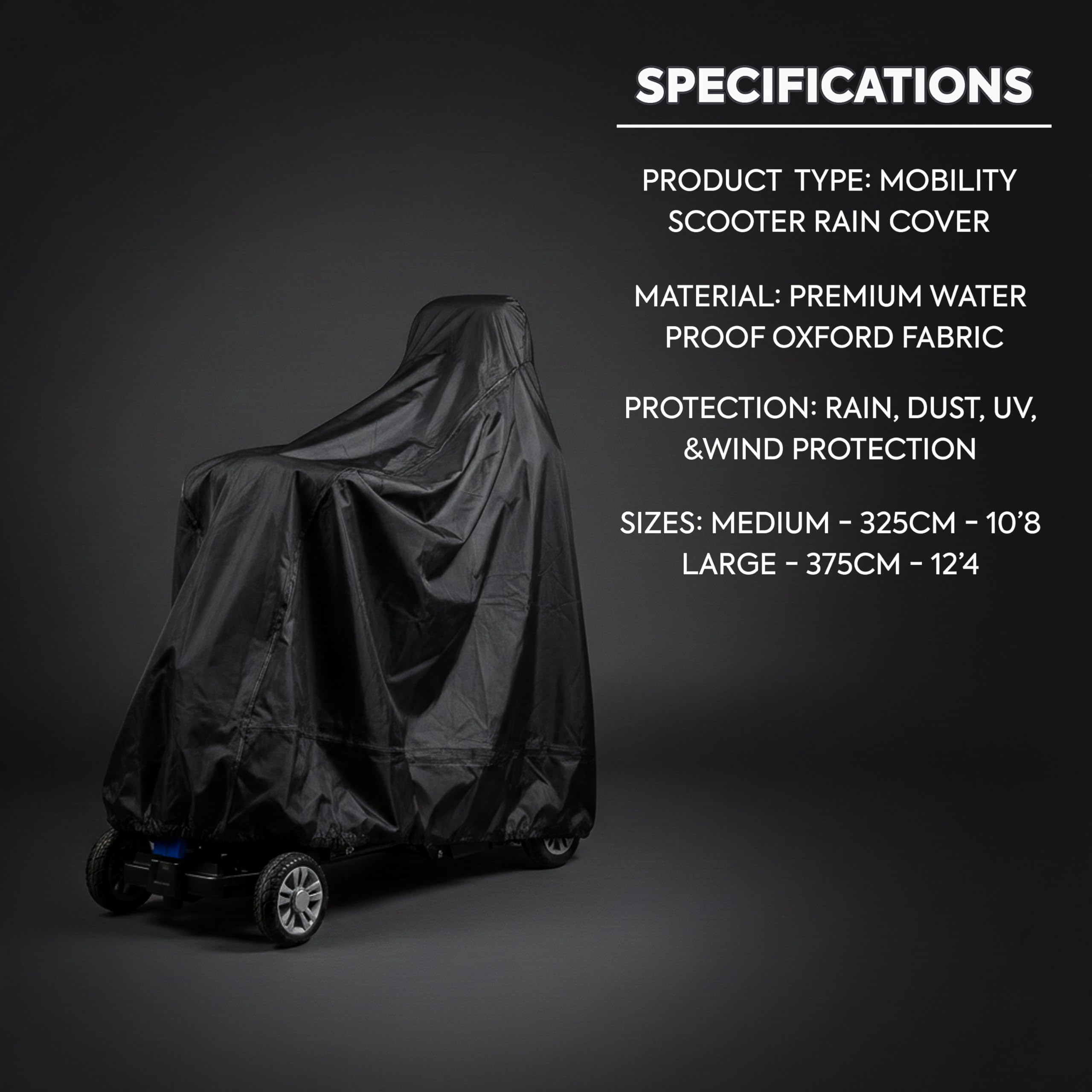 Mobility Scooter & Wheelchair Rain Cover, Black, Medium- 325cm - 10'8 - Image 2