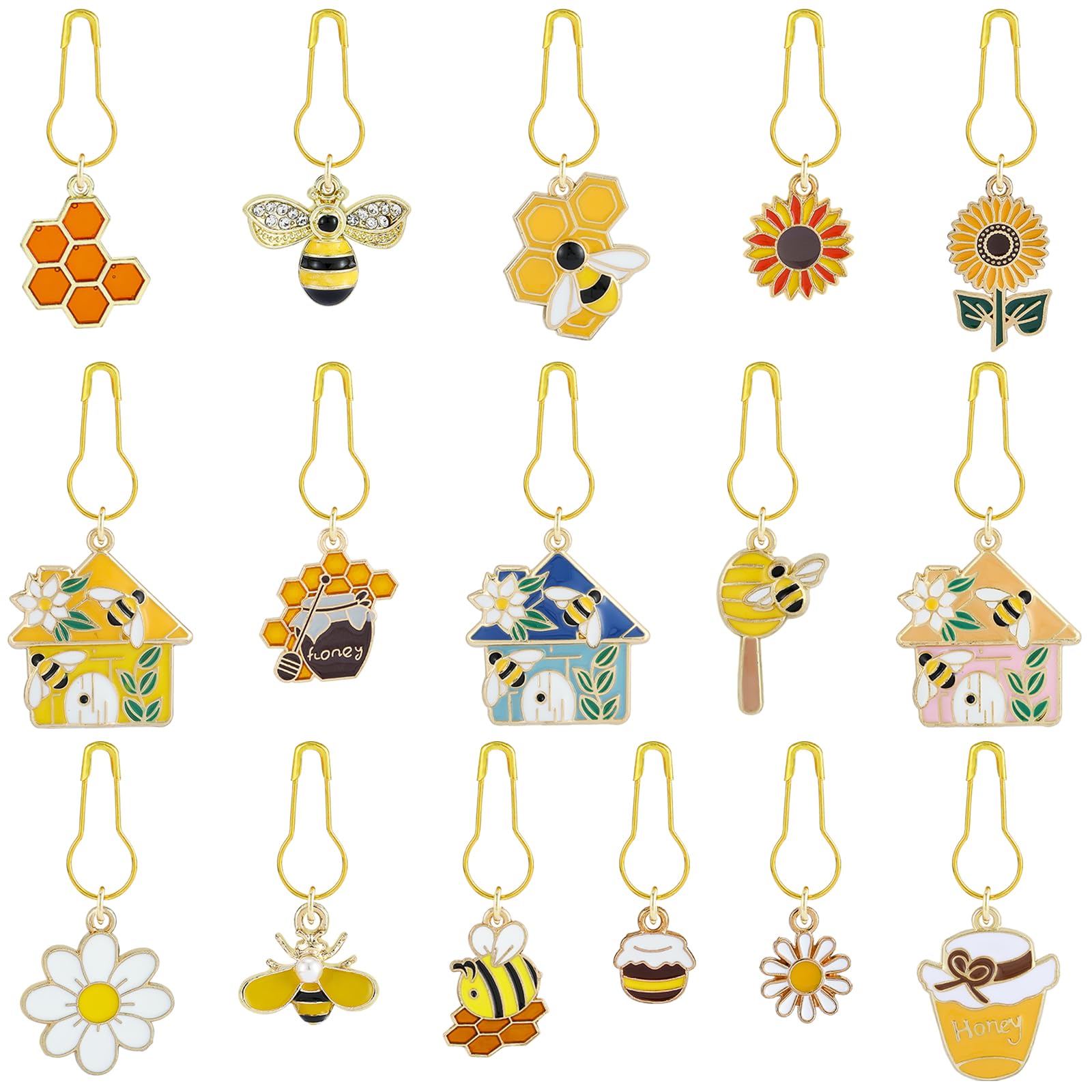 BEEFLYING 16Pcs Bee Honeycomb Stitch Marker Charm, Alloy Enamel Knitting Stitch Marker Charm Pendant for Sewing Crocheting Accessories
