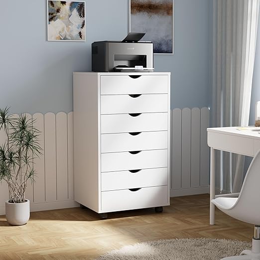 DUMOS 7 Drawer Vertical File Cabinet Mobile Filing Storage Dresser with Wheels Rolling Under Desk Printer Stand Wood Organizer for Office Home Bedroom, White