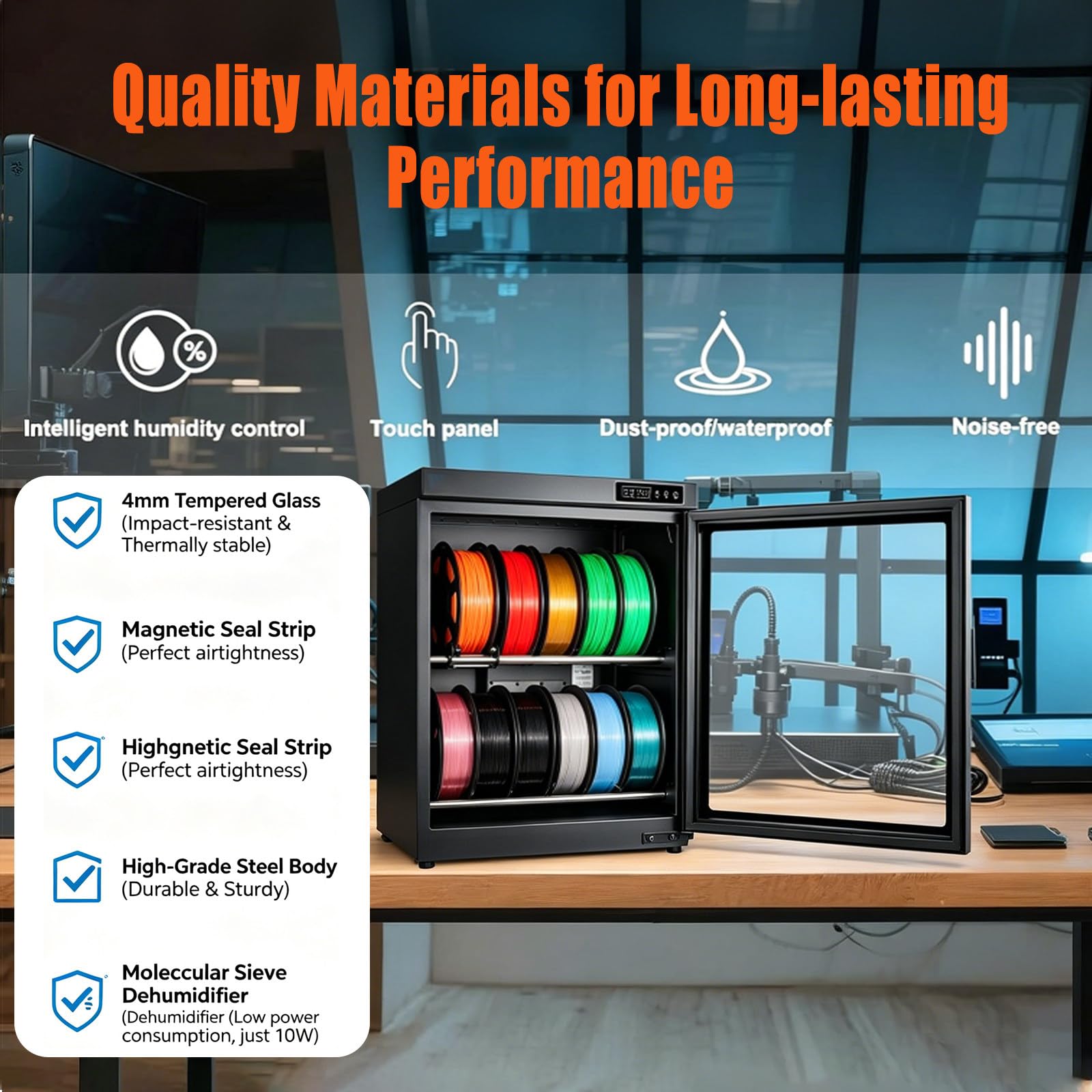 Filament Trockner für Empfindliche 3D Materialien, Aufbewahrungsbox für Nylon PC TPU, Automatische Entfeuchtung, Präziser Sensor Hält 15%-60% RH, Leise 10W