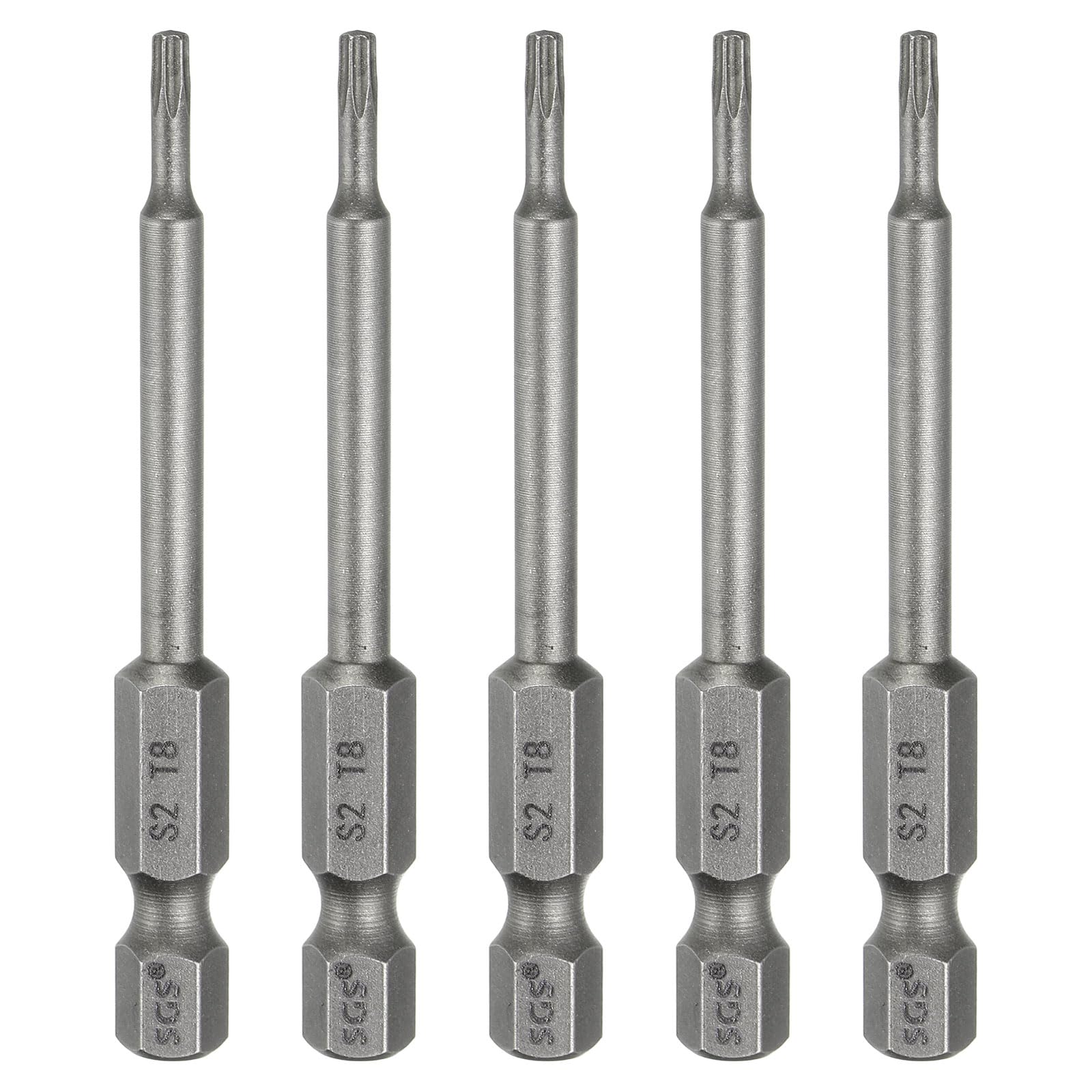 sourcing map 5pcs T8 Torx Head Screwdriver Bit 1/4" Hex Shank 2.6" (65mm) Long Magnetic No Hole Tip Tamper Proof 6 Point Star Screw Driver Drill Bits S2 Steel Industrial Power Screwdrivers