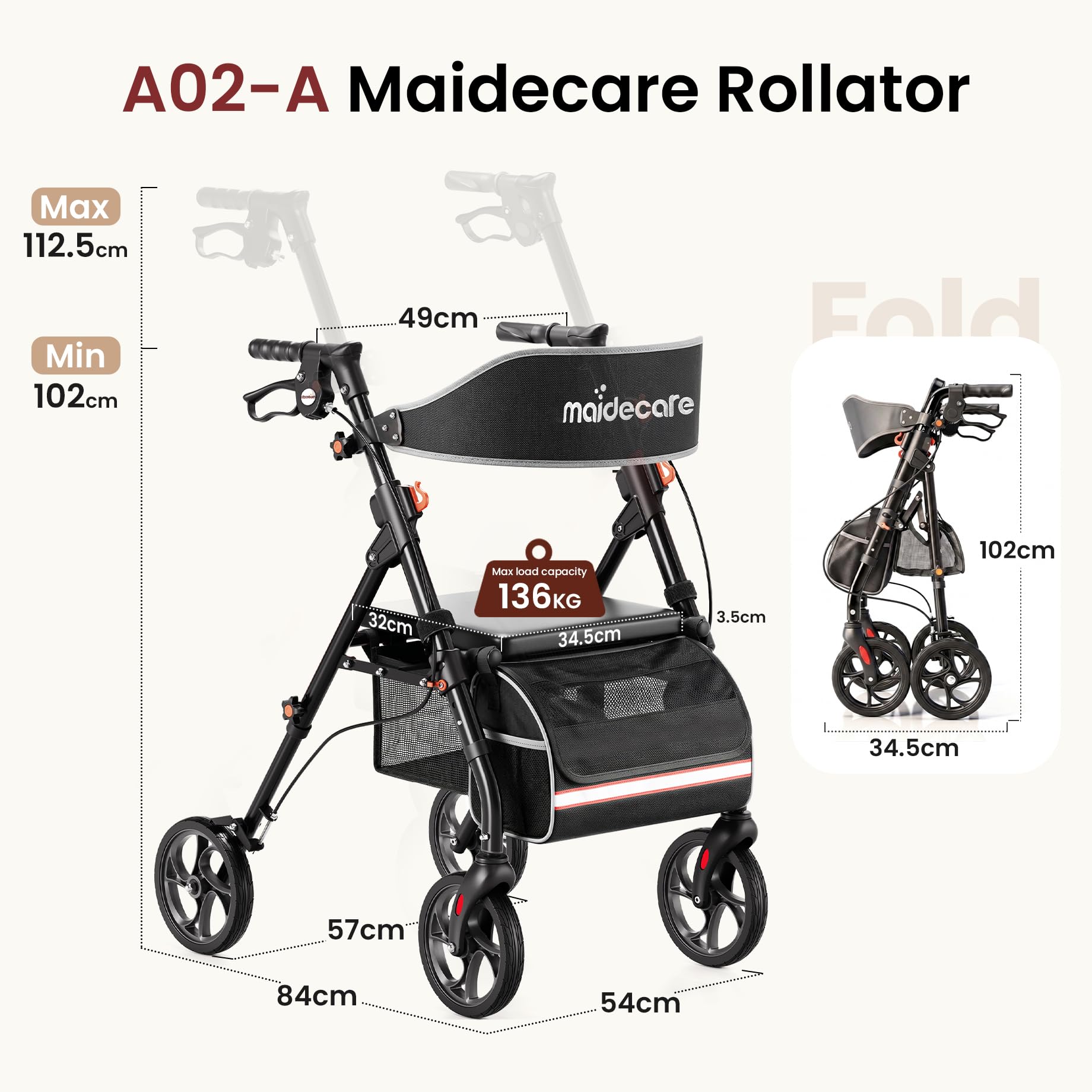 Andador con asiento y ruedas, plegable, 4 ruedas, para personas mayores y discapacitados, andador para exteriores/interiores, neumáticos todo terreno de 20 cm, mango ajustable en altura de 6