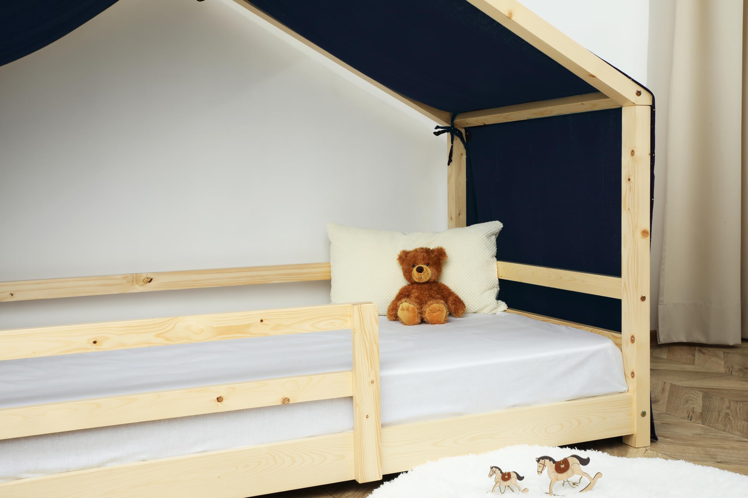 Tenda Letto Bambini 100% Cotone - Tenda Letto Montessori per Letto Bambini 80x160 e 90x190cm - Modelo 2 (Blu notte/Oro, 97 x 402 cm)