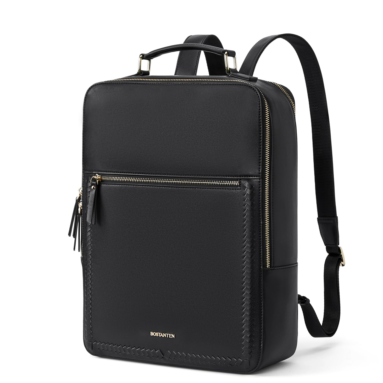 BOSTANTEN Leather Backpack 15.6 inch Laptop Bag Travel Casual Computer Backpack College Business Work Shoulder Bags with Trolley Sleeve for Women Men Black