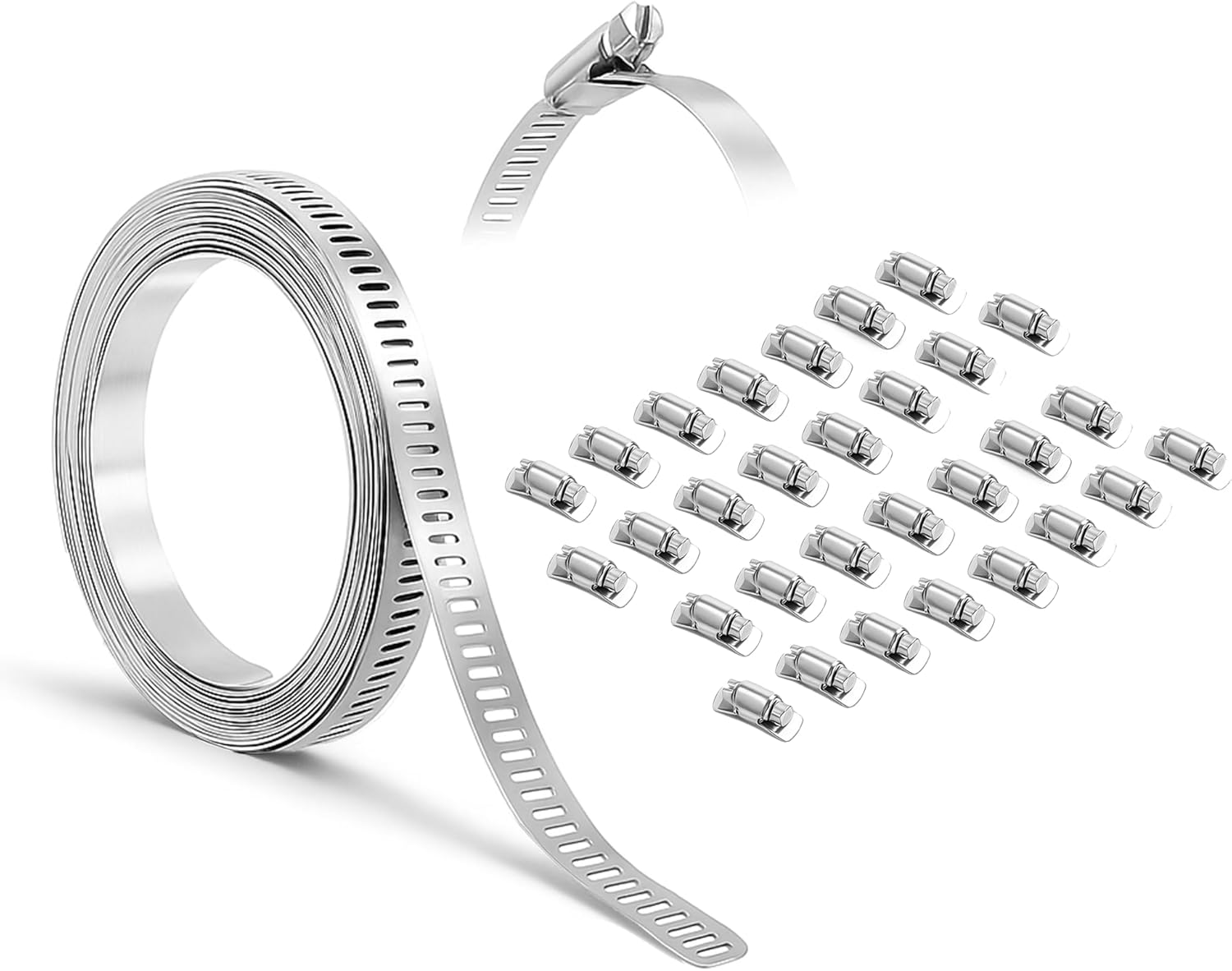 Mandala Crafts 50 FT Adjustable Worm Gear Hose Clamps 304 Stainless Steel Pipe Clamps - Metal Straps Band Strapping with Holes 30 Fasteners for Duct Automotive Mechanical