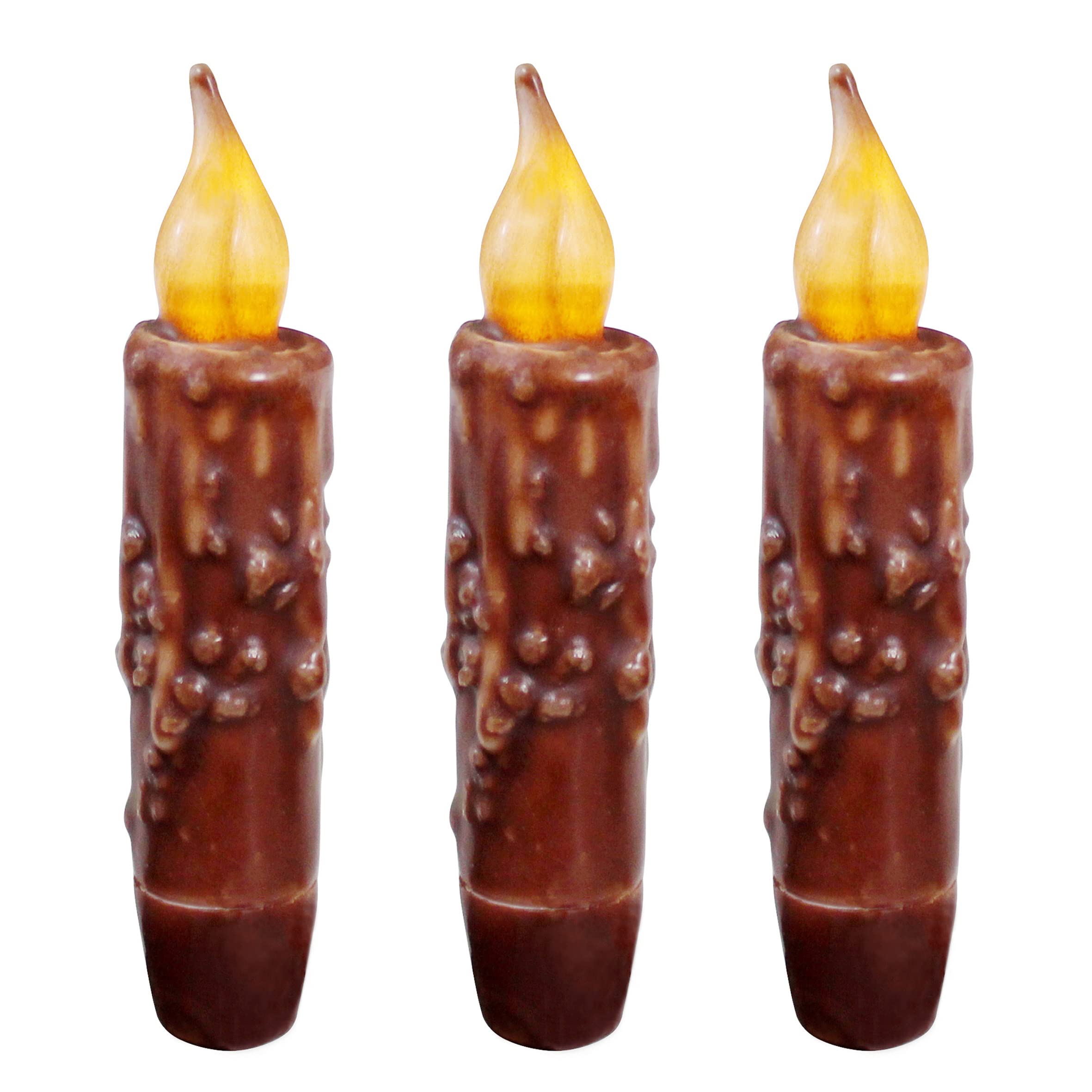 CVHOMEDECO. Real Wax Hand Dipped Battery Operated LED Timer Taper Candles Country Primitive Flameless Lights Décor, 4.75 Inch, Coffee, 3 PCS in a Package