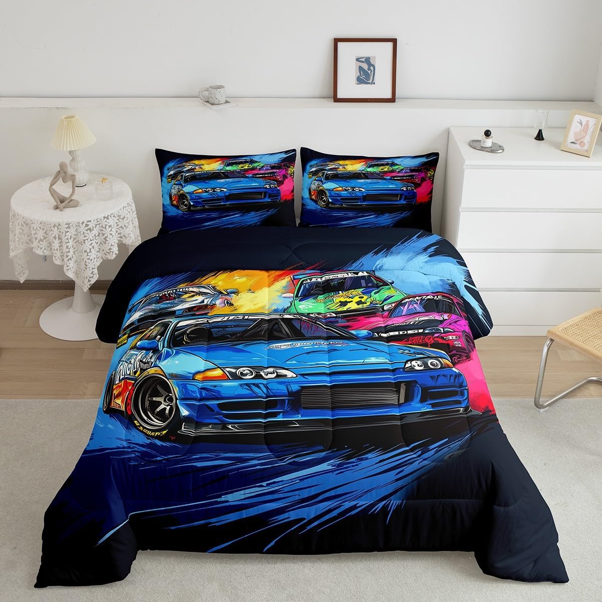 Cartoon Car Toddler Bedding Sets 2 Pcs,Colorful Street Art Graffiti Decor Racing Cars Comforter Set for Kids Boys Teens Men,Game Competition Style Modern Quilted Comforter with 1 Pillowcase