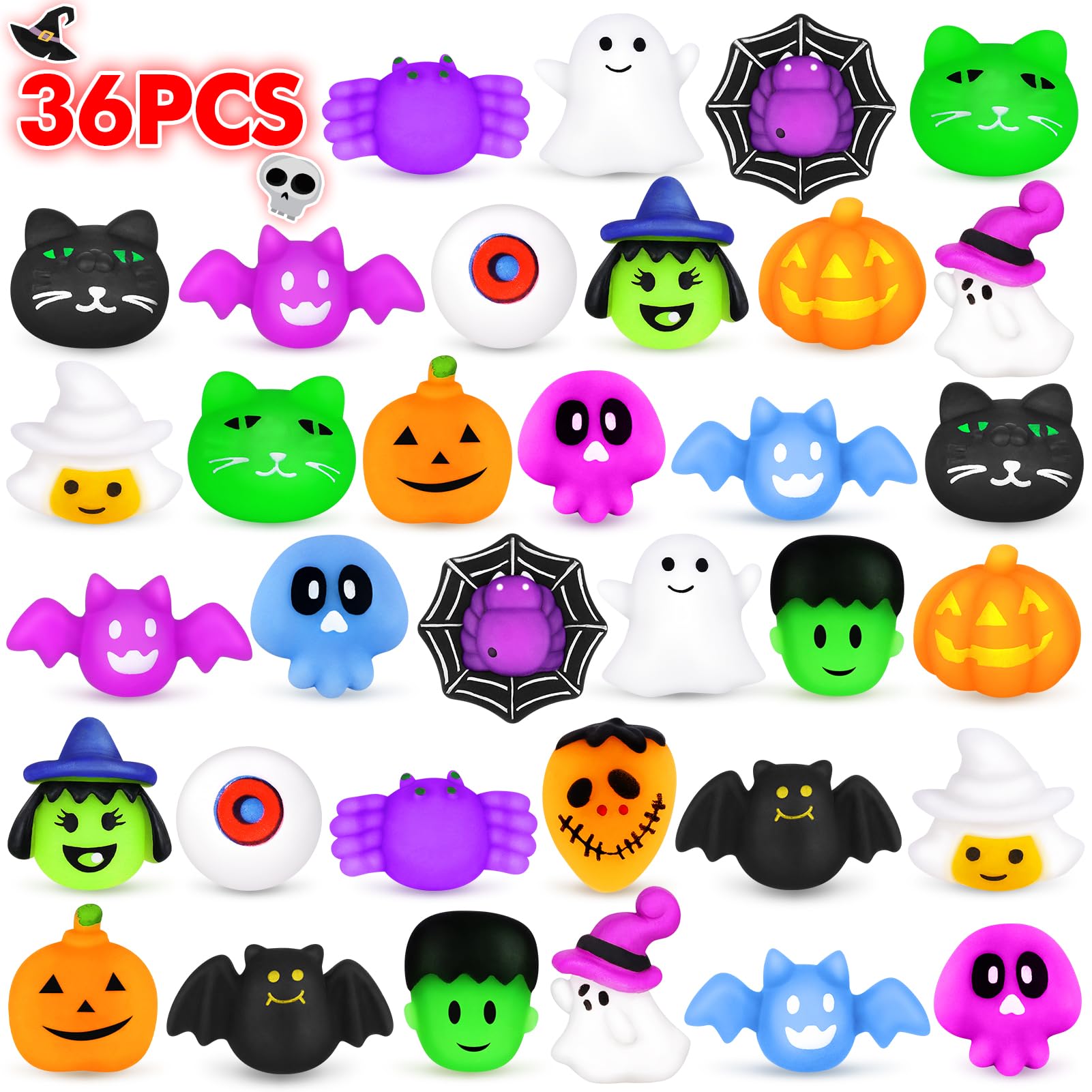 NPET 36pcs Halloween Mochi Squishies Toy, Kawaii Halloween Party Favor Squishies Toy Halloween Treats Goody Bag Filler Gifts, Ghost Spider Squishies Halloween Decoration Toys Stress Relief Toys Kids