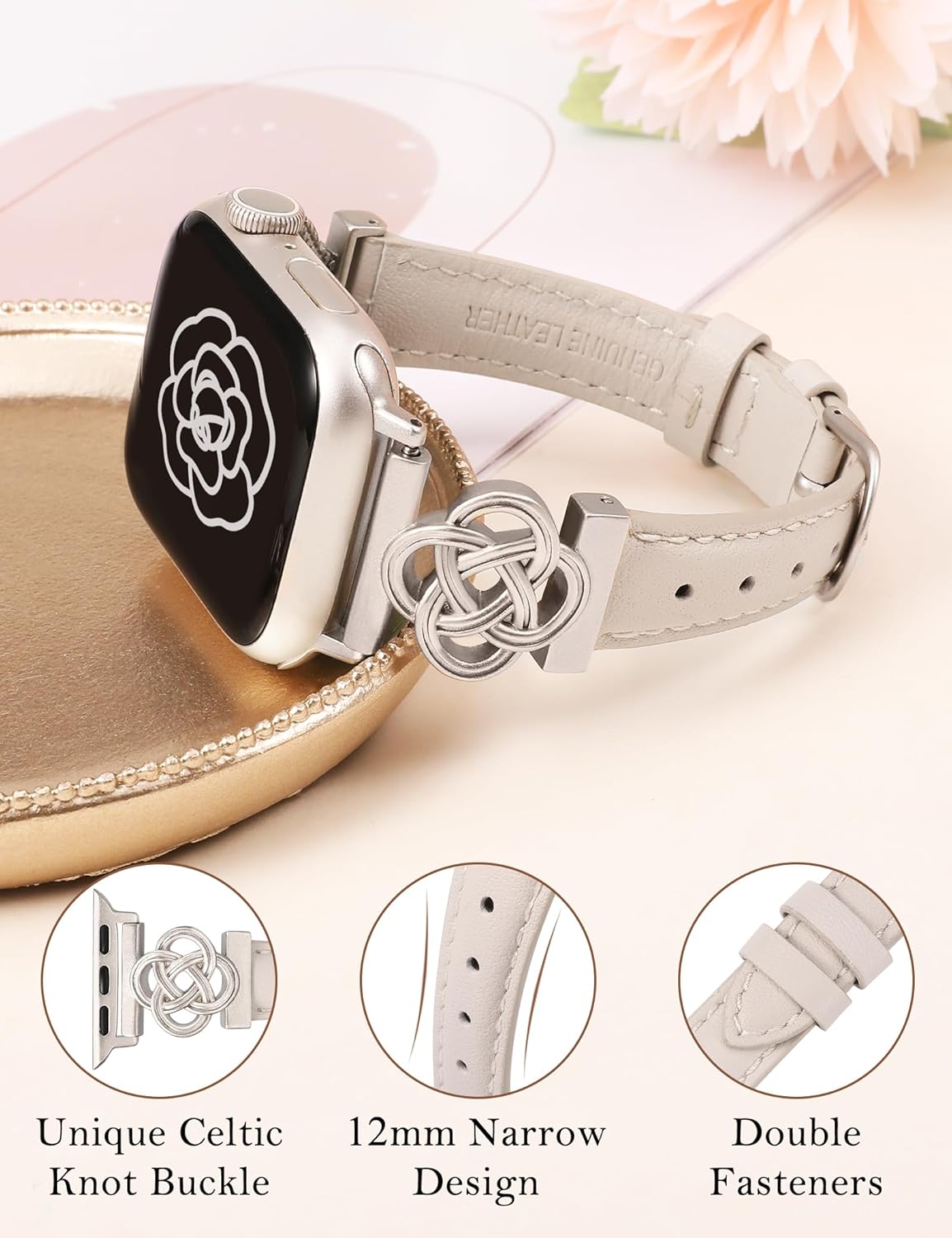 Wearlizer Slim Leather Band Compatible with Apple Watch Bands Women 41/40/38/42/44/45/46/49mm, Dressy Fancy Designer Celtic Knot Thin Strap for iWatch Series 11 10 9 8 7 6 5 4 3 SE/Ultra 3 2 1 - Image 3