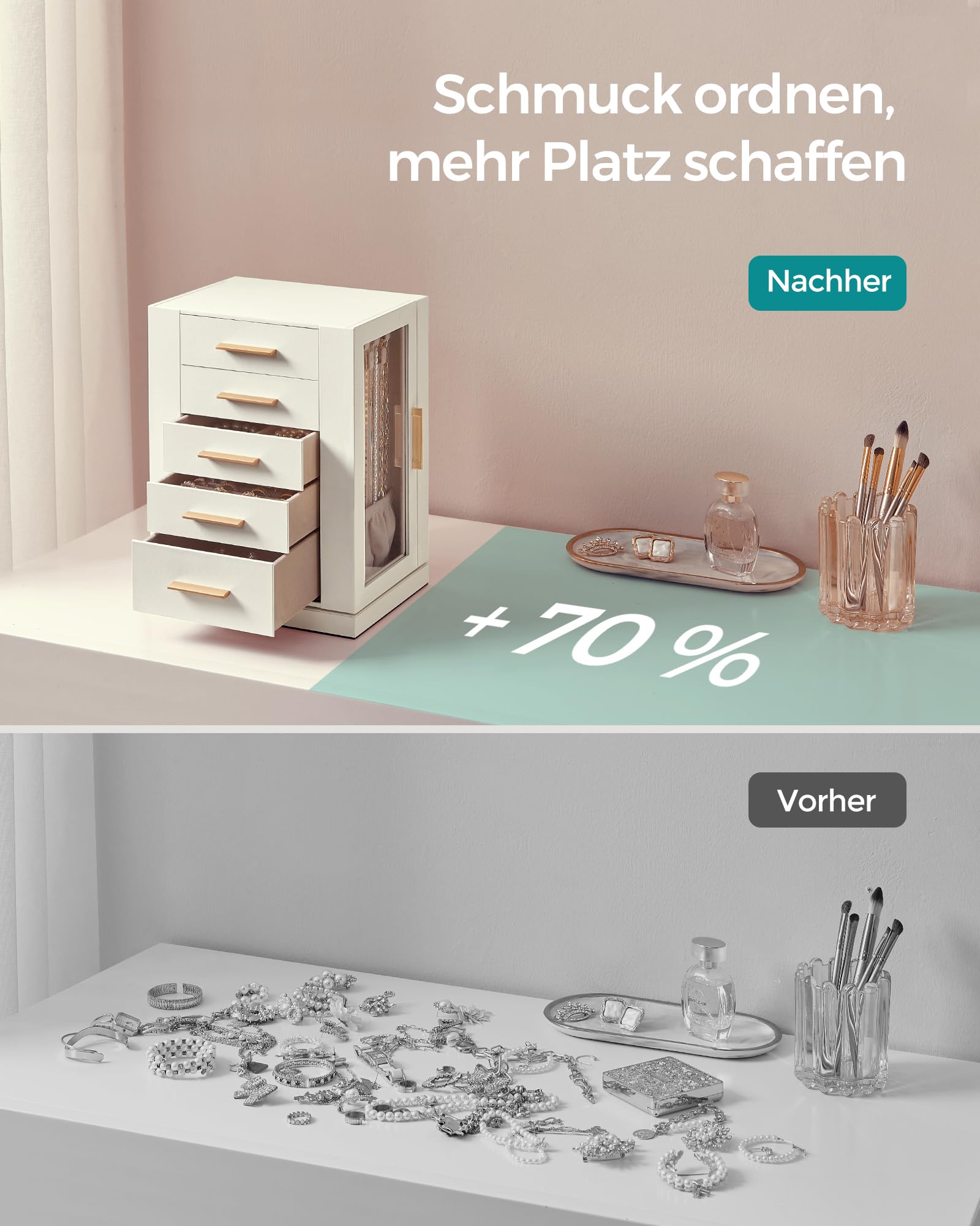 SONGMICS GISELLA Kollektion - Schmuckkästchen 360° drehbar, Schmuckkasten 5 Schubladen, seitliche Glasfenster, geräumig, vertikale Schmuckaufbewahrung, offen, Geschenkidee, wolkenweiß JBC170W01